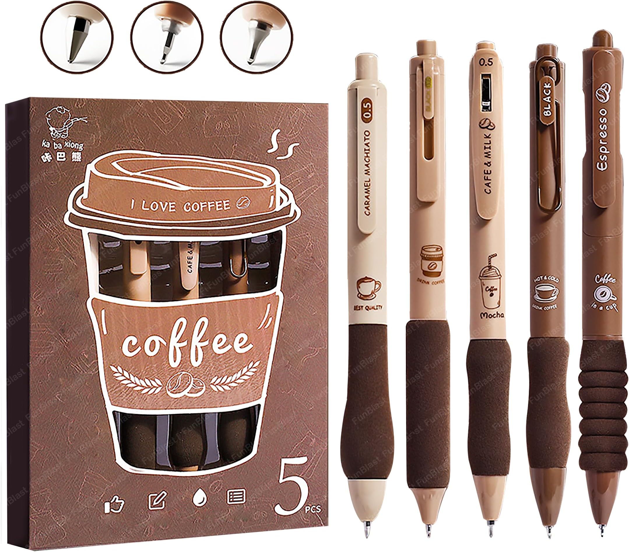 FunBlast Gel Pens for Writing, 5 Pcs Gel Pen & 1 Pcs Highlighter Pen, with Comfortable Grip for Smooth Writing, Kawaii Pens, Stationery for School & Office (Blue Ink) (Coffee)