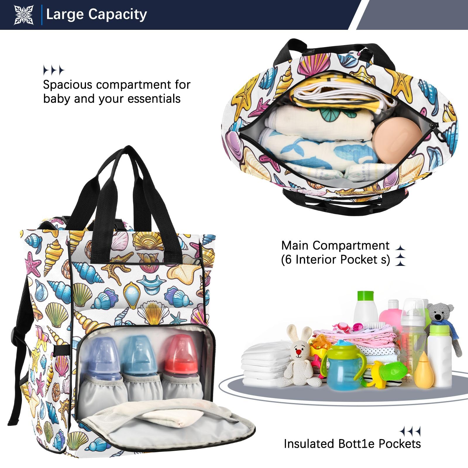 Mnsruu Seashells - Borsa per pannolini per bambini, grande, impermeabile, da viaggio, per mamme e papà