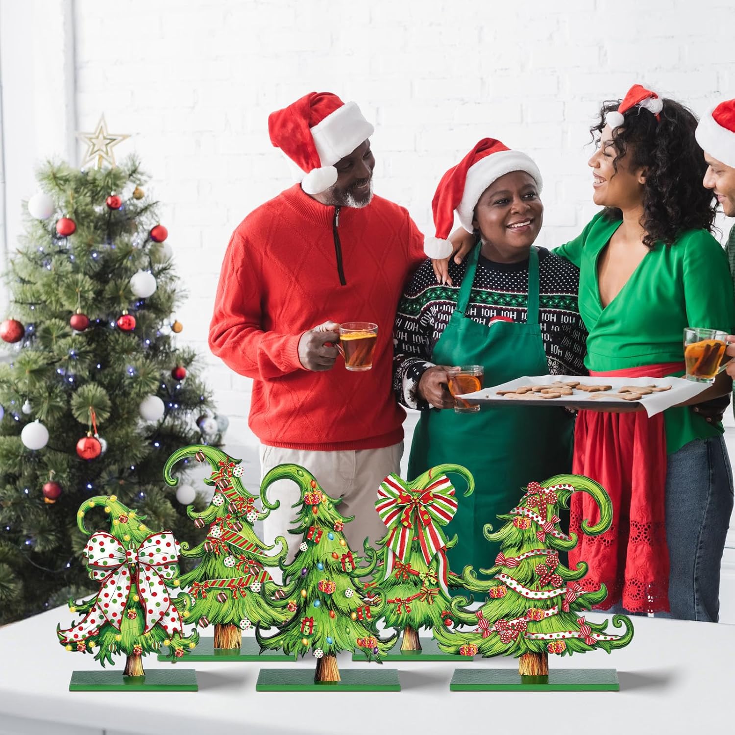 Pinkunn 5 Pcs Whimsical Christmas Table Decorations Wooden Lime Green Christmas Tree Table Centerpieces Lime Green Xmas Tree Wood Sign for Home Tabletop Ornament Holiday Xma Party Tiered Tray Decor - Image 5