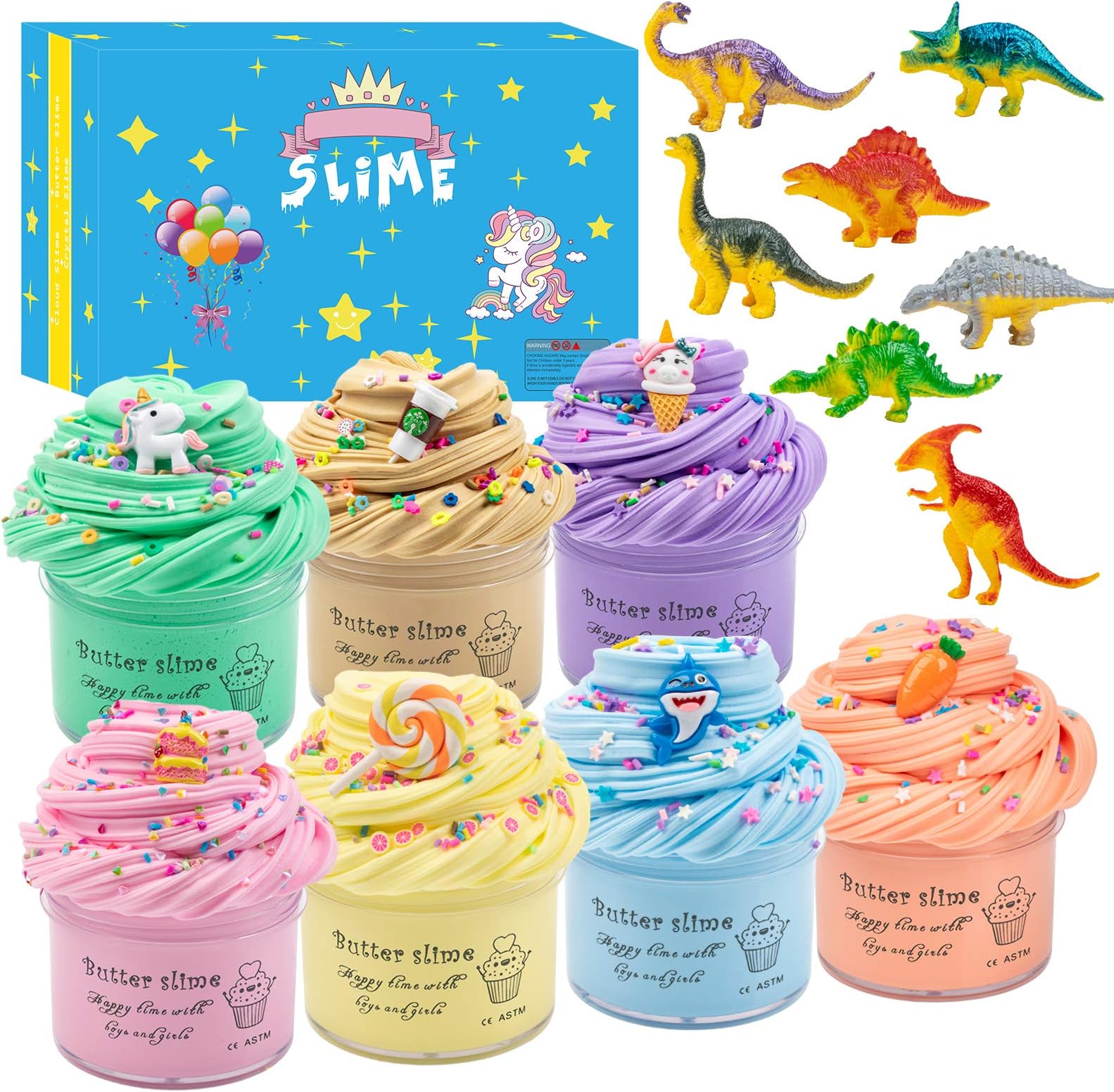 Upgrade 7 Pack Dinosaur Slime Kits,Scented Butter Slimes with Cute Unicorn, Coffee Cup,Ice Cream Charms Ect.Super Soft Stretchy and Non-Sticky Slime for Boys and Girlsโฆ