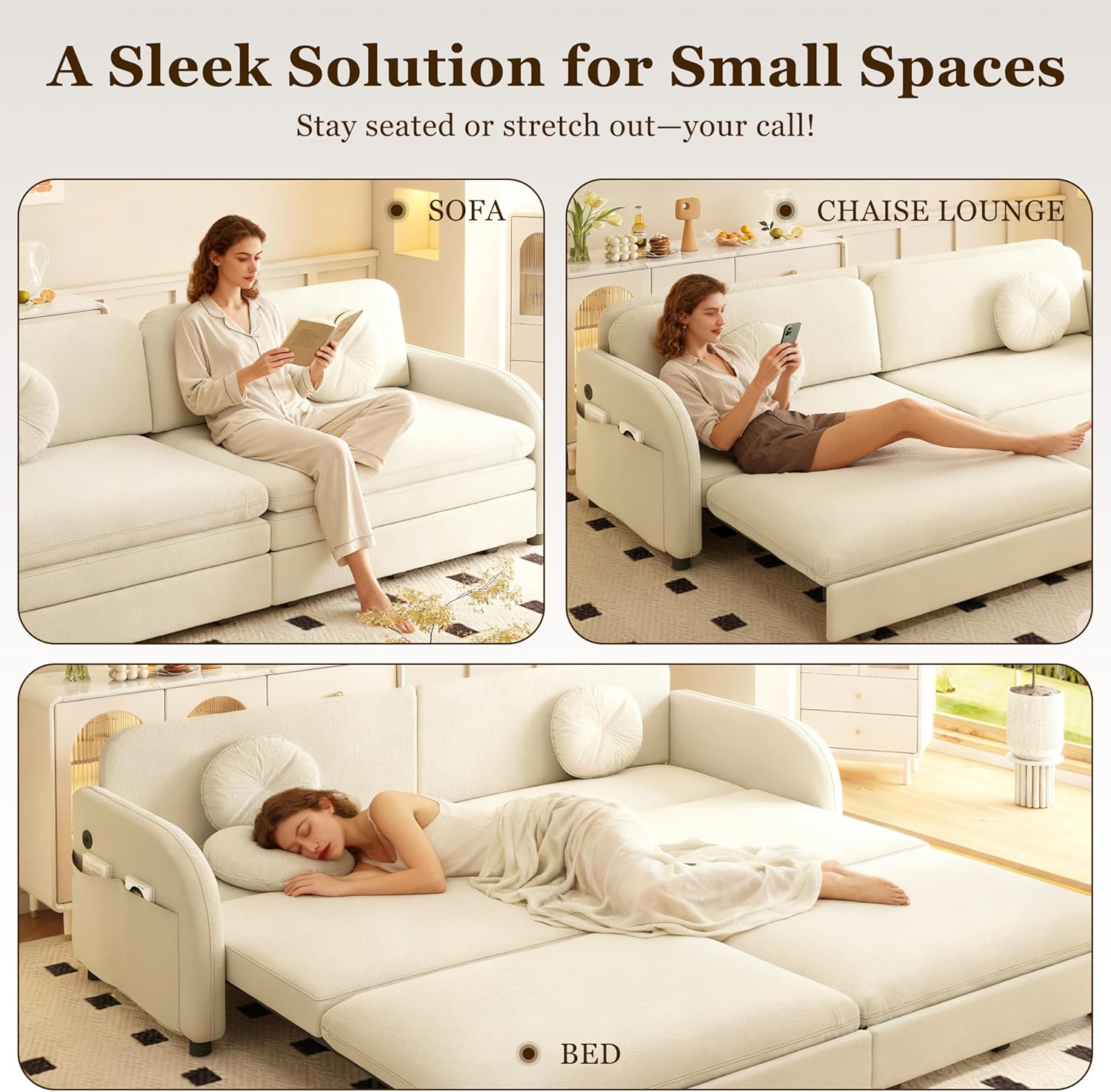 81.1'' Pull Out Couch Bed King Size, Chenille Sleeper Sofa Daybed, 3 in 1 Convertible Couches, Futon Sofa with 2 Pillows, Storage Pockets, USB, 3-Seater for Small Spaces, Living Room, Beige