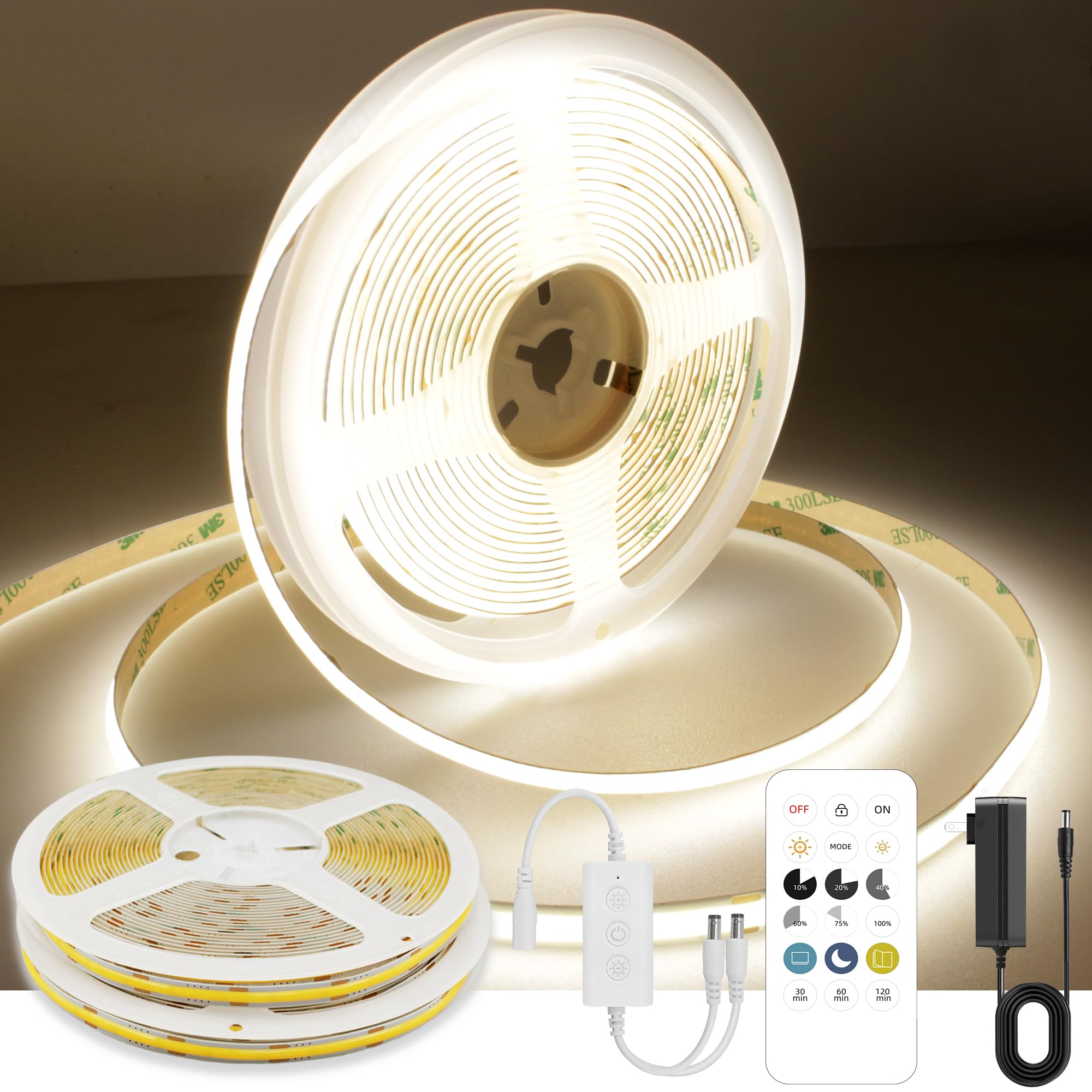 AXMOTUT COB LED Strip Lights 10m, 4000K Natural White Dimmable LED Strip, 3200 LEDs Super Bright DC24V LED Light Strip CRI90+ with Remote and UKCA Power Supply for DIY Home Decoration,2 Rolls of 5M — image 1