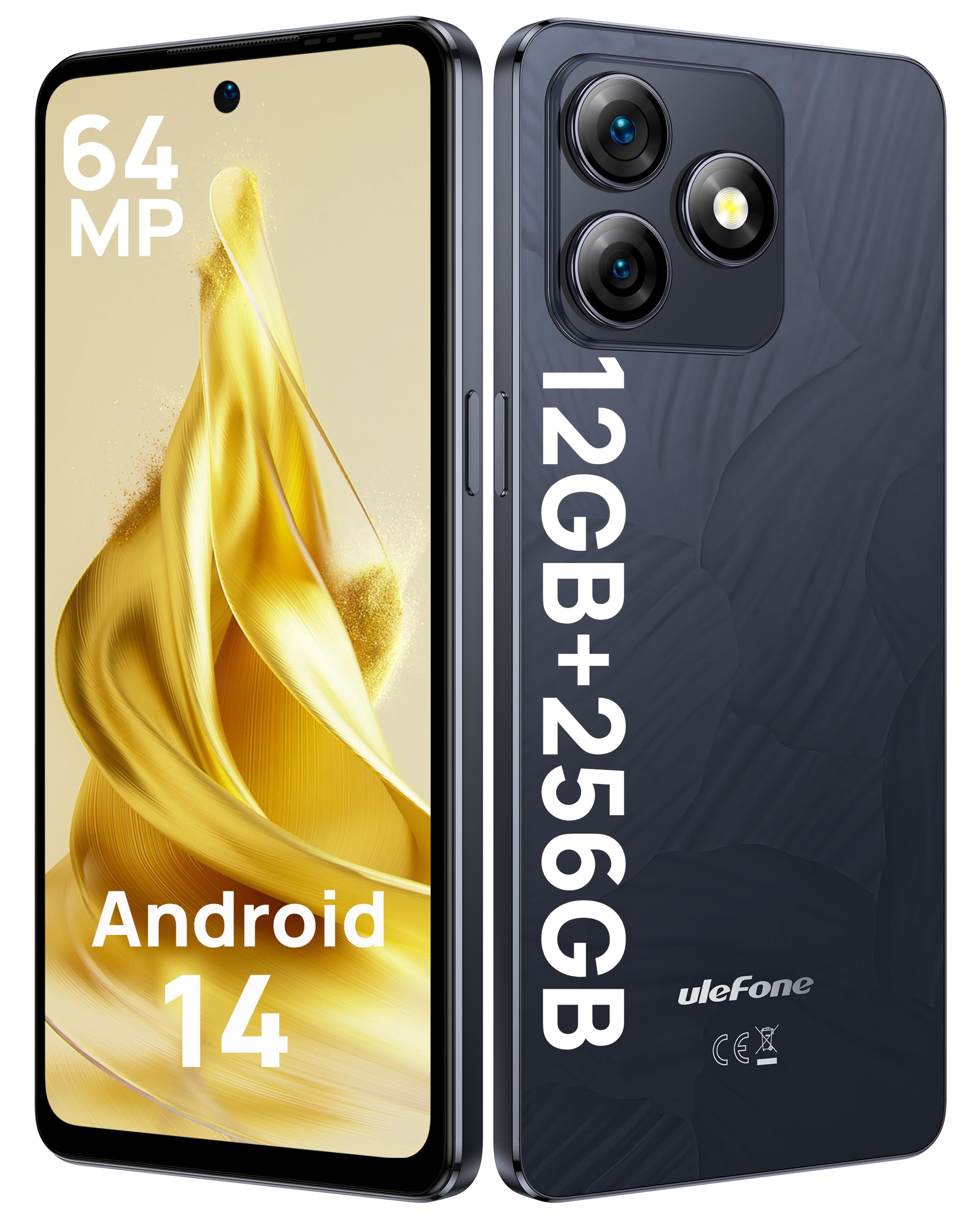Ulefone Note 18 Pro Handy ohne vertrag, 64MP+50MP+32MP Kamera 12GB+256GB/SD-2TB Android 14 Smartphone mit 18W Schnellladung 6,78 Zoll HD+ 5450mAh Akku 4G Face ID/Fingerprint/GPS/OTG/NFC Schwarz