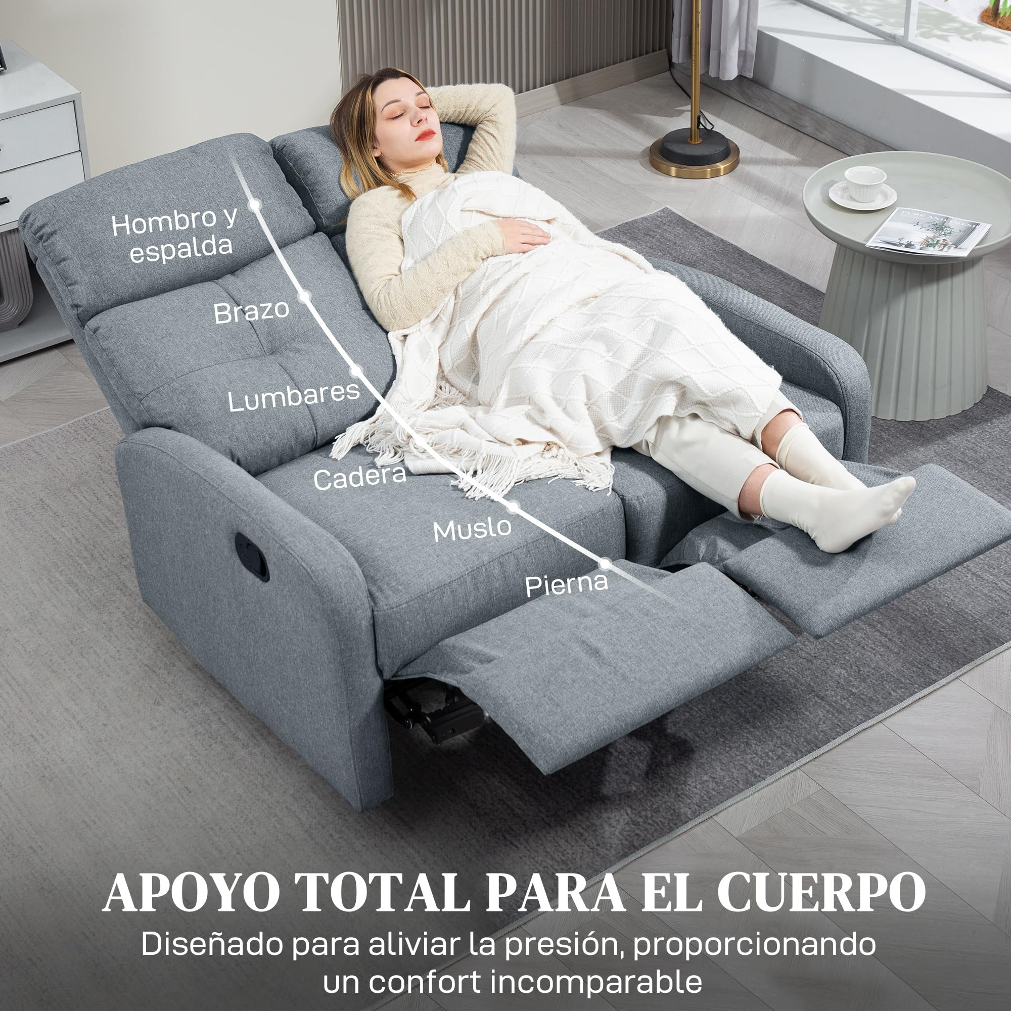 HOMCOM Sofá de 2 Plazas Reclinable Manual Sofá Relax 118x95x101 cm Gris | Tapizado en Lino,Respaldo Ajustable por Separado,Reposapiés,Muelles Ensacados,Acolchado Grueso,Dormitorio,Salón