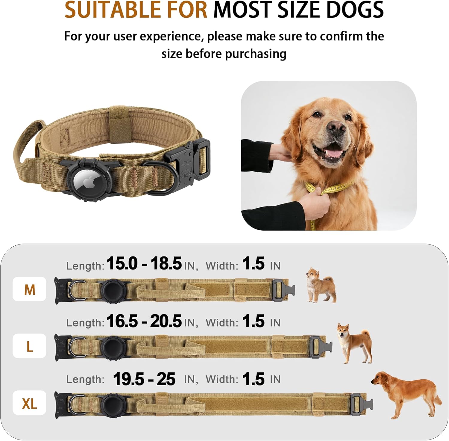 Tactical AirTag Dog Collar Leash Set - Heavy Duty, Adjustable GPS Collar Compatible with Apple AirTag, with Holder & Control Handle for Medium/Large Dogs [ Brown, M ]