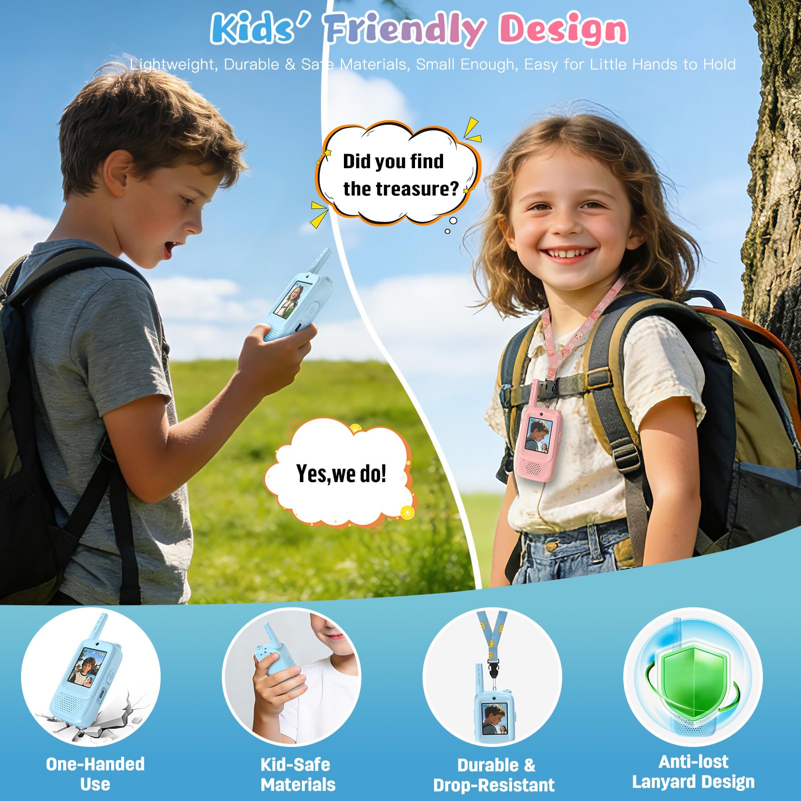 ZealSound Talkie Walkie Enfant Vidéo, Lot de 2 Rechargeables, 3 Effets Vocaux, Portée 200–300 m, Jouet Outdoor pour Filles et Garçons 3–12 Ans, Camping, Jardin, Cadeau Enfant, Q8 Bleu/Rose