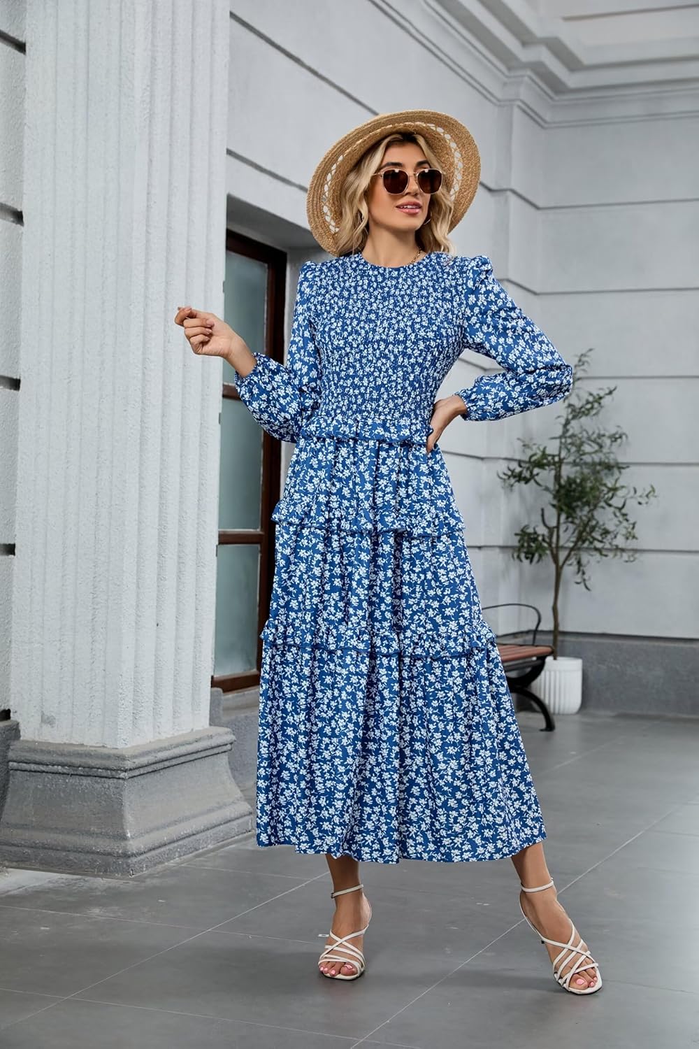 ZAFUL Womens Fall Floral Smocked Maxi Dress Long Puff Sleeve Bohemian Dresses Flowy Tiered Ruffle Wedding Guest Dress - Image 5