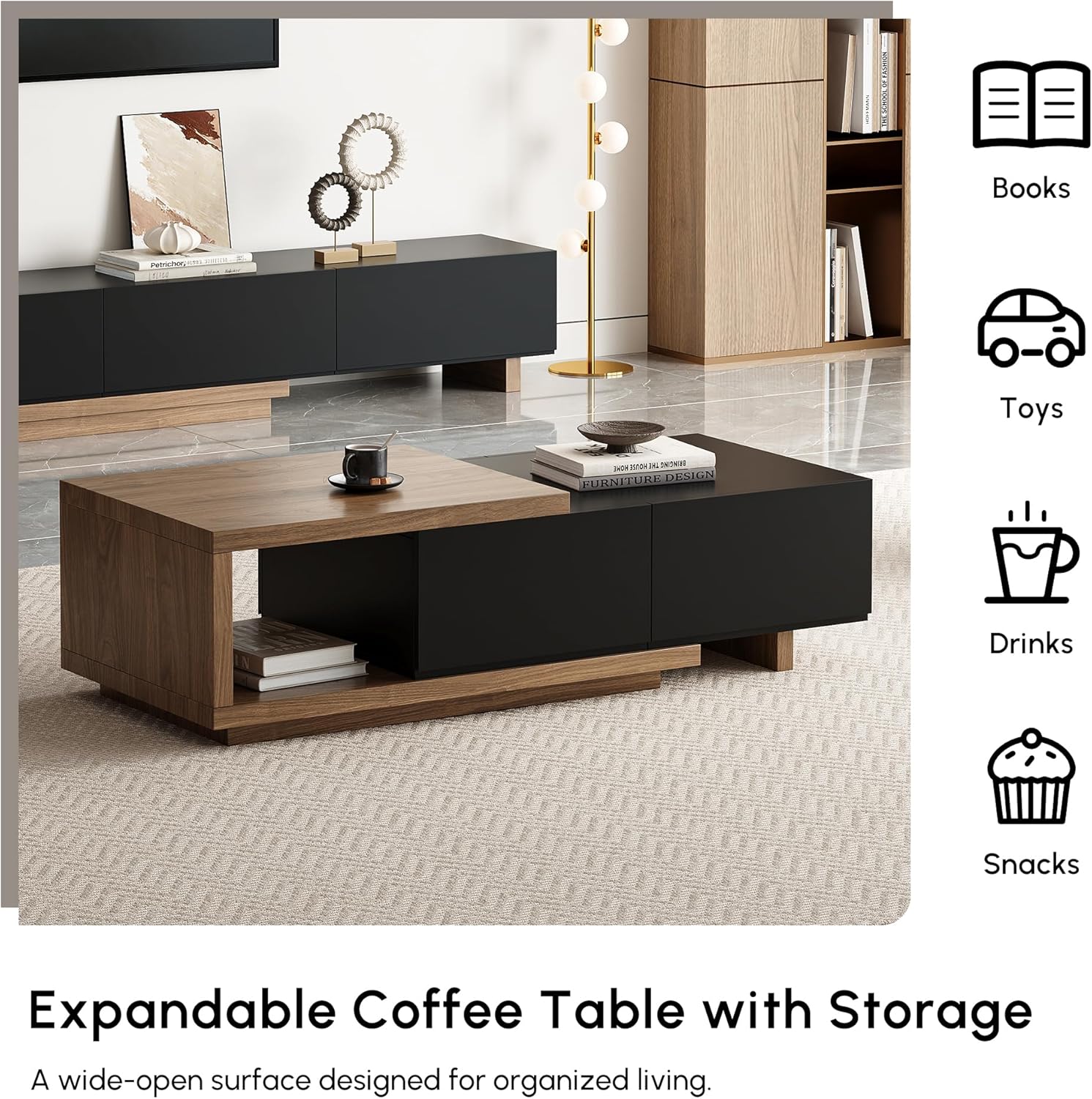 homary Extendable Coffee Table, 47"-69" Expandable Walnut Coffee Table with 2 Drawers, Modern Adjustable Center Table for Living Room & Small Spaces (Black & Walnut)