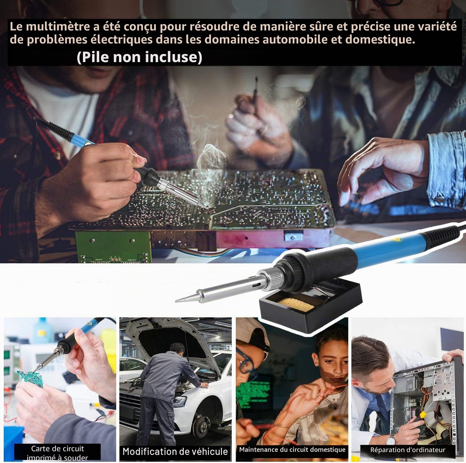 Kit de fer à souder électronique SREMTCH 60 W avec température réglable 200-450 °C et interrupteur Marche/Arrêt, 100g, 5 pannes à souder, pompe à dessouder, support avec éponge, sac en polyuréthane