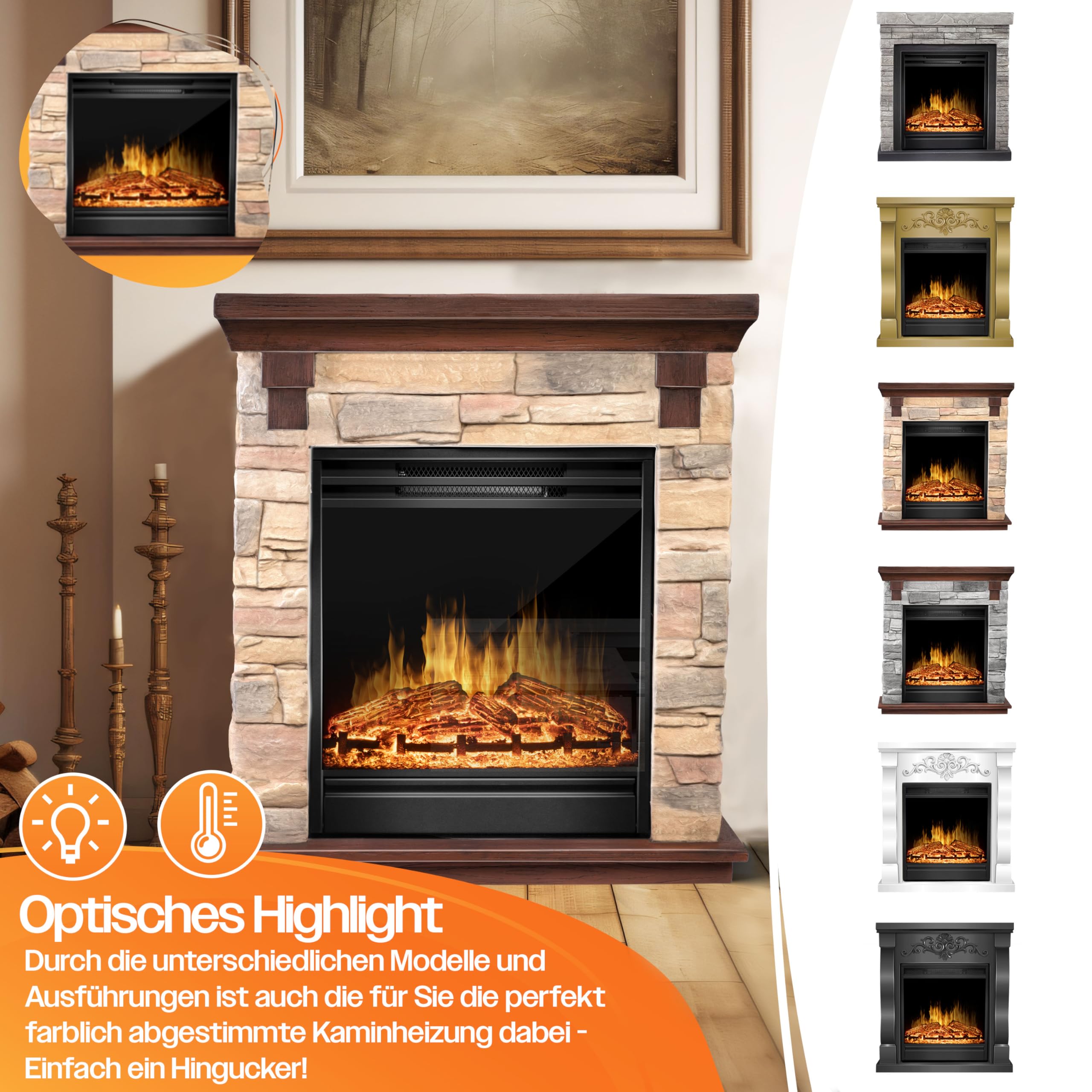 KESSER® Chimenea eléctrica - Chimenea eléctrica con Efecto de Llama LED 3D, con función de calefacción, Chimenea eléctrica con 1800W de Potencia, Temporizador semanal, Natural/Marrón