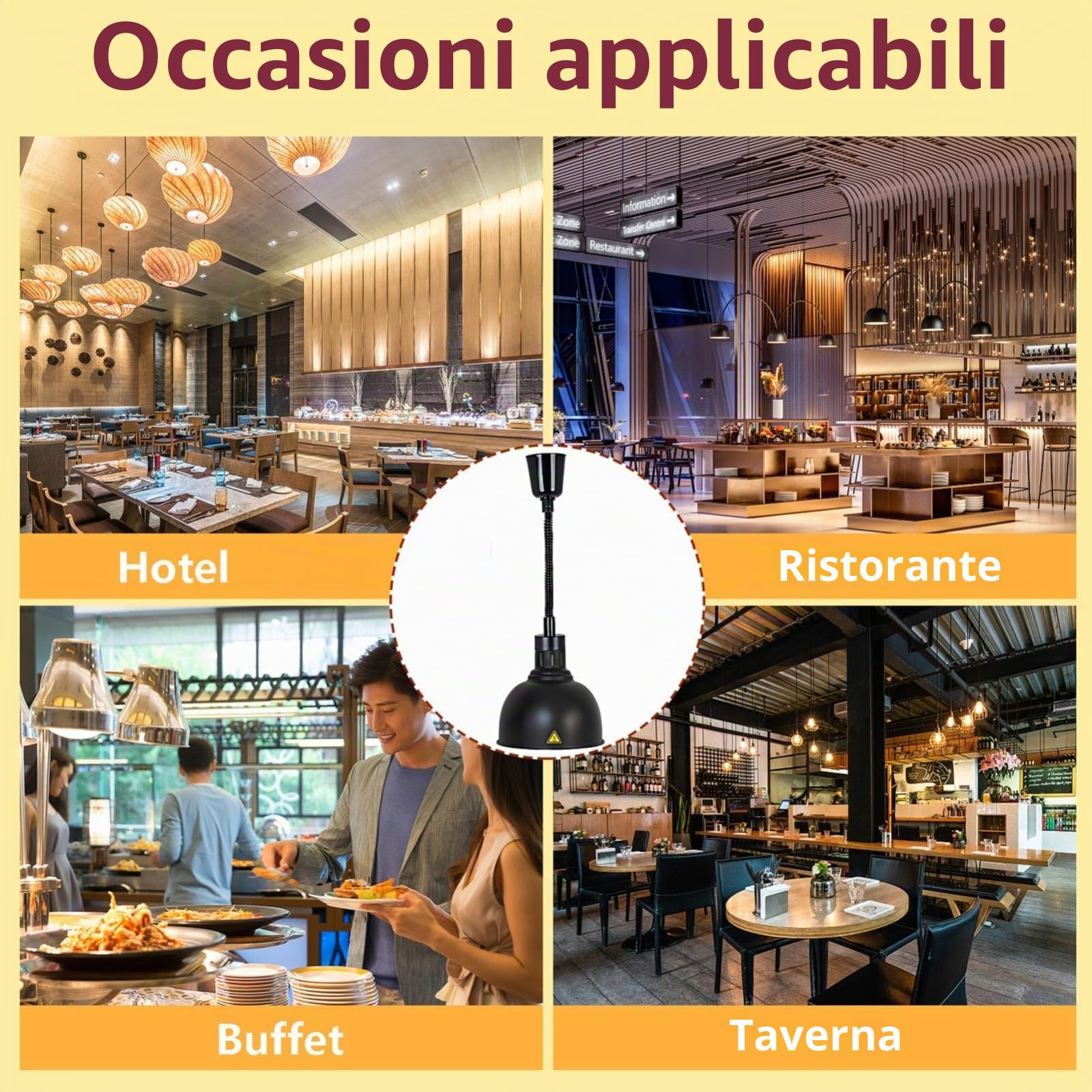 Lampada Riscaldante Cucina Regolabile 19cm/25cm Diametro (25cm) | Nero Lampade Scaldavivande Cucina, Sospeso Lampada Riscaldante per Alimenti per Cucine, Buffet e Hotel