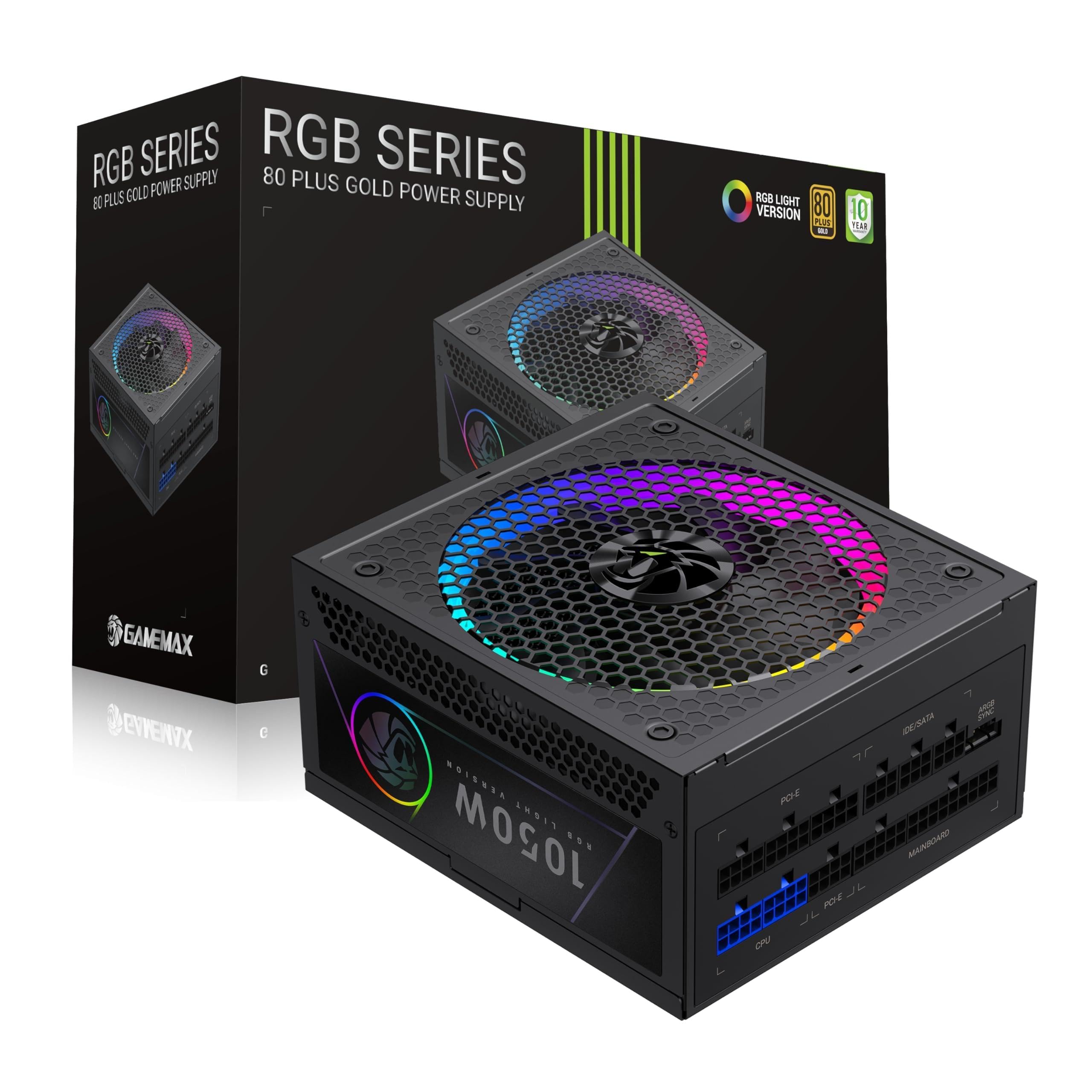 GAMEMAX RGB 1050G Zasilacz PC 1050W w pełni modułowy, 80 Plus Gold, LLC + DC-DC, ARGB Sync, japońskie kondensatory, wentylator ARGB FDB 140 mm, 9 zabezpieczeń, 10 lat gwarancji, czarny