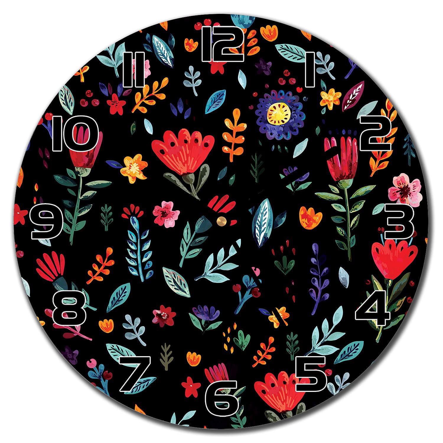 Horloge en verre 30 cm Fleurs avec aiguilles noires Coloray