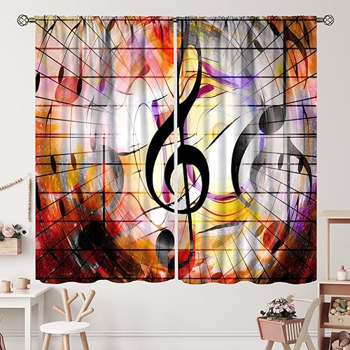 Cortinas de notas musicales, rústicas, mágicas, notas musicales, arte retro, piano y violín, cortina con bolsillo para barra para dormitorio, sala