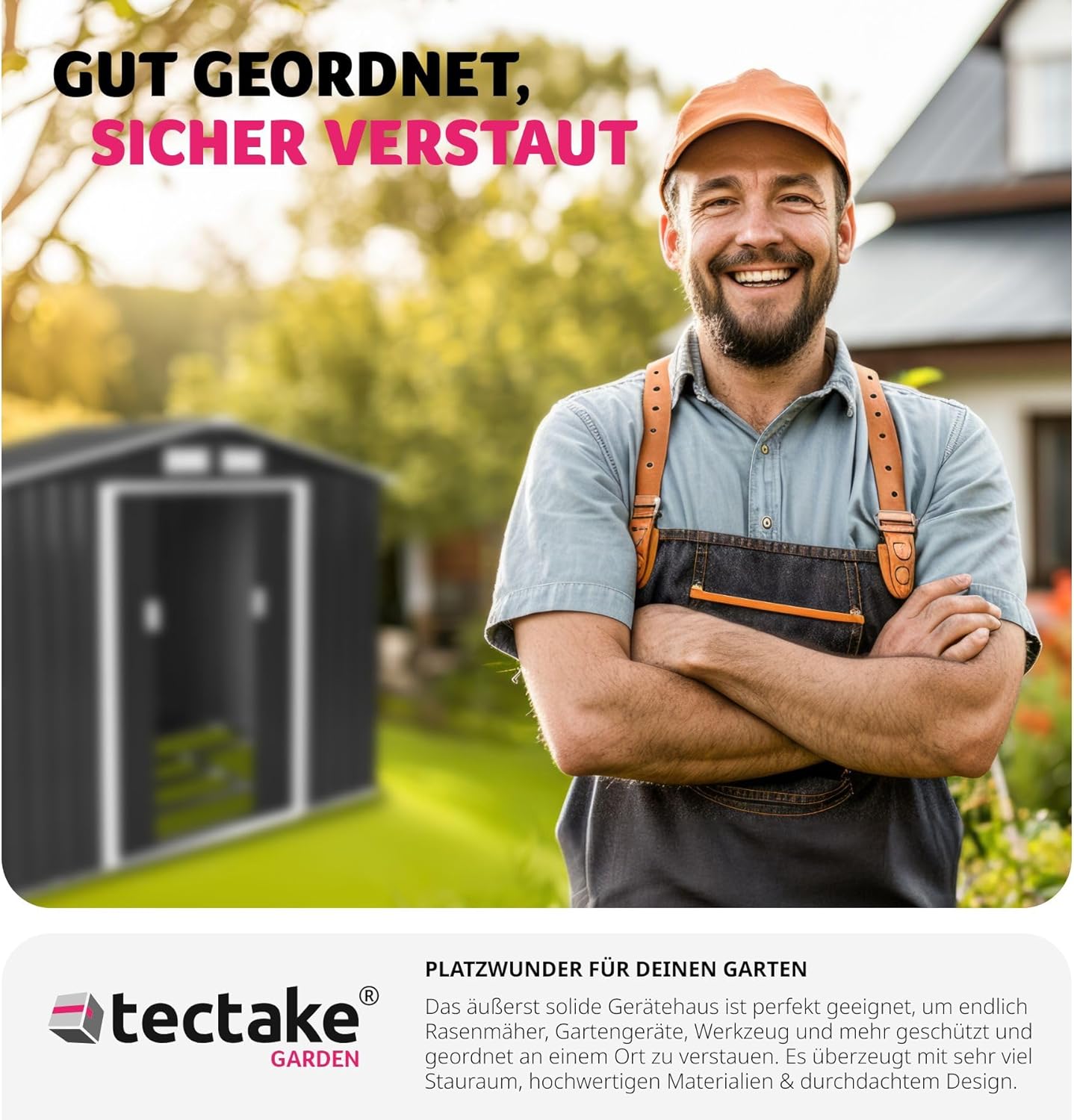 Man in garden with shed in background, representing organized storage