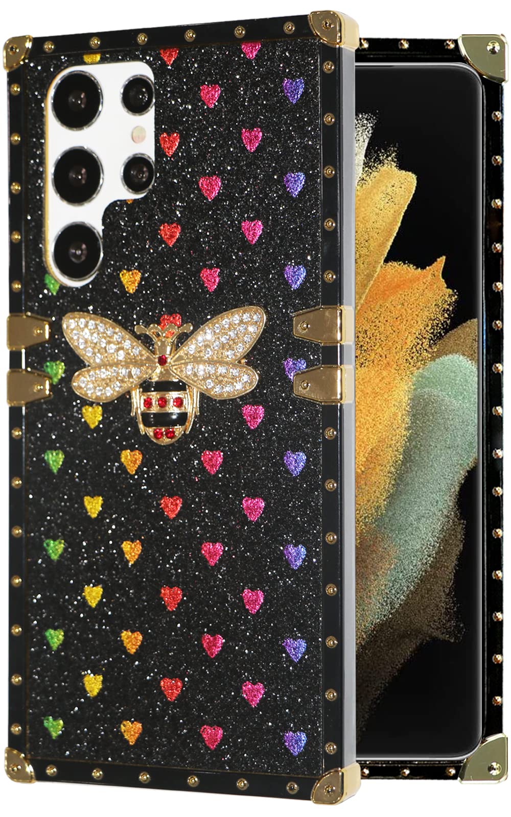 Umhlaba Compatible with Samsung Galaxy S22 Ultra 5G case Square Edge Trunk Bling Cute bee Luxury Women Phone Cover s22ultra galaxys22ultra Girly Glitter Sparkly Box Girls Fashion 6.81 inch (Black)