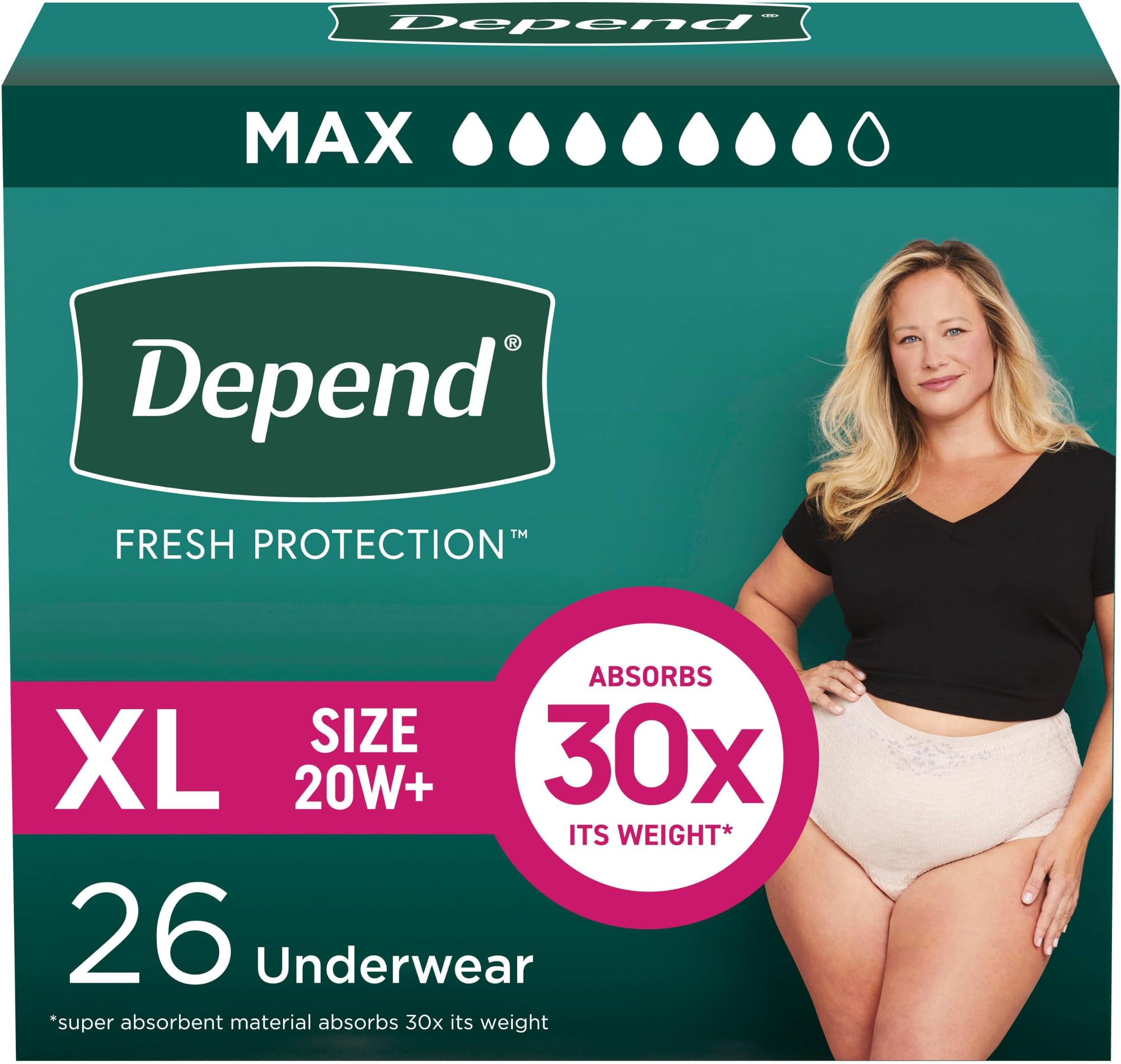 Depend Fresh Protection Adult Diapers, Incontinence & Postpartum Bladder Leak Underwear for Women, Disposable, Maximum, Extra-Large, Blush, 26 Count, Packaging May Vary