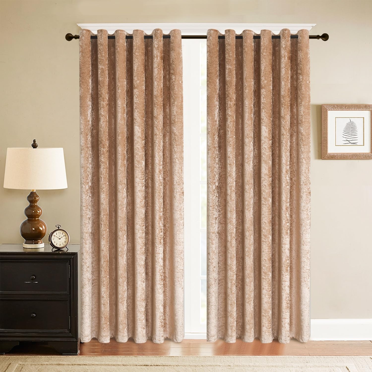WEAVERS: Pair of Fully Lined Crushed Velvet Curtains. 4cm Metal Ring Top to Easily install curtains with Rods. Ideal for Winter and Summer. Color – Champagne Size - 46" wide x 72" drop (117 x 182cm)