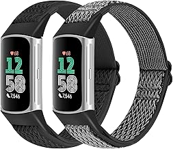 WNIPH 2 Pieces Elastic Bands Compatible with Fitbit Charge 6/Charge 5 Wristband, Soft Adjustable Sport Nylon Replacement Bands for Fitbit Charge 5 for Women Men