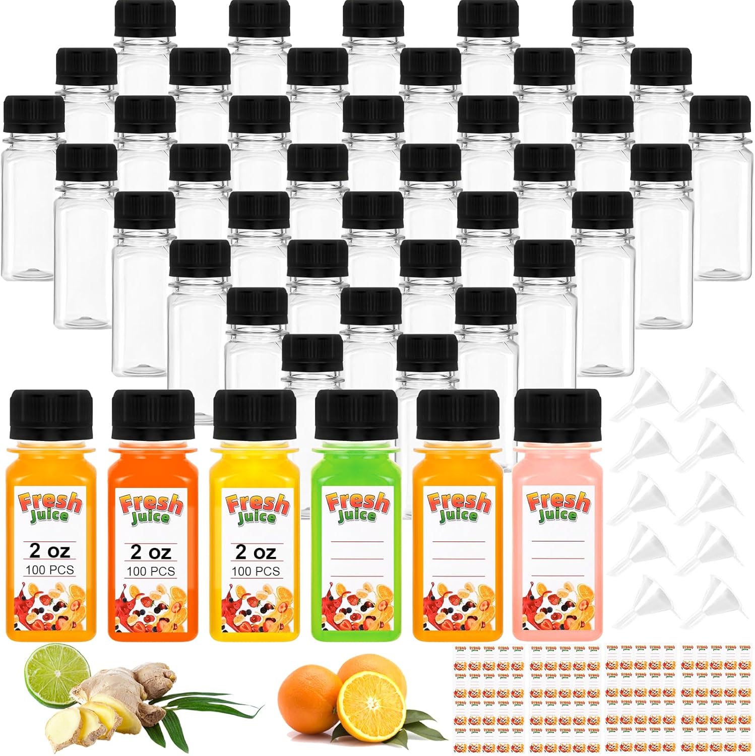 100 Pack 2 oz Shot Bottles with Caps, Small Plastic Bottles for Liquids, Ginger Shots Bottle for Liquor,Juice,Whiskey, Reusable Travel Bottle with Scale, Funnels, Stickers for Weddings Christmas Party