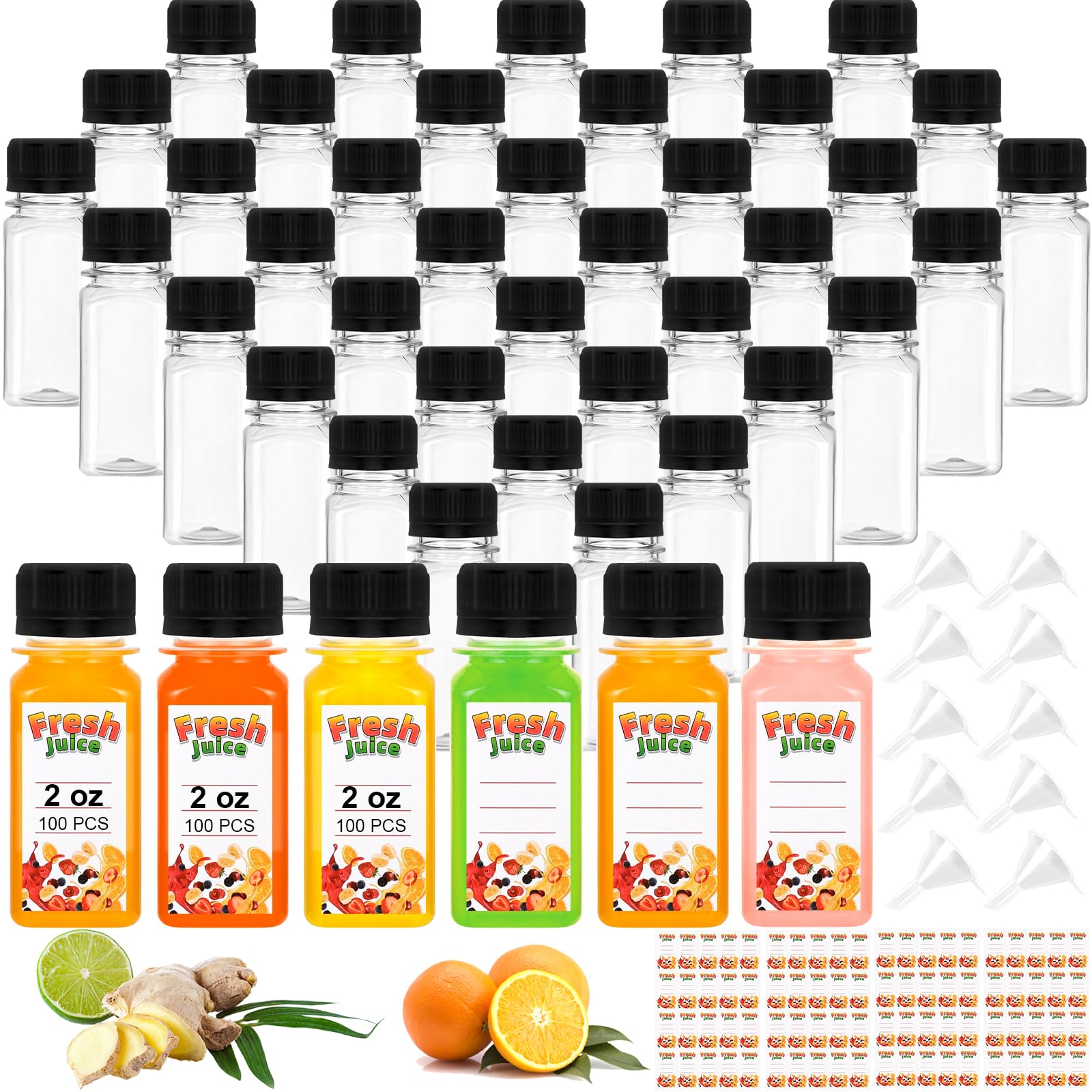 Confezione da 100 bottigliette da 56,7 g con tappi, piccole bottiglie di plastica per liquidi, liquori, succhi di frutta, whisky, bottiglie da viaggio riutilizzabili con scala, imbuti, adesivi per fai
