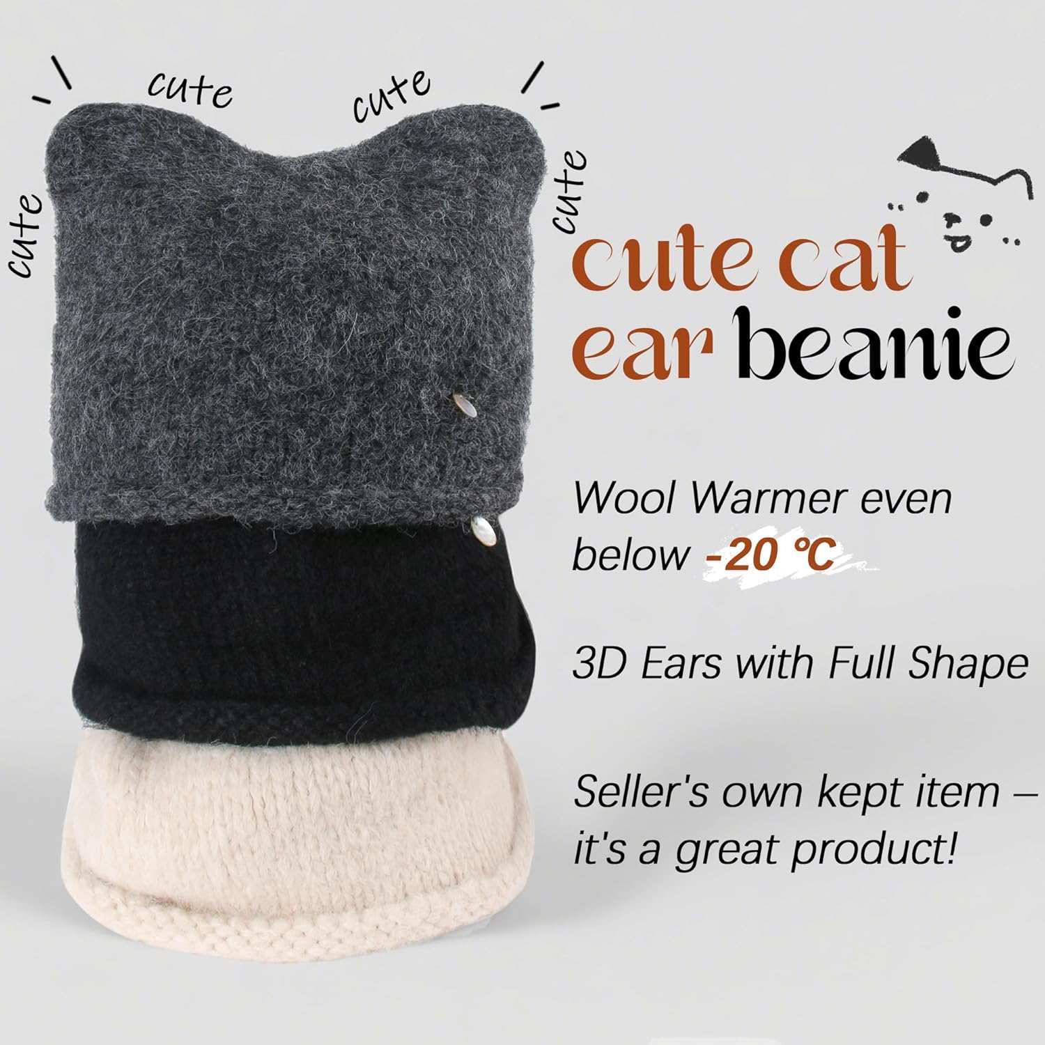 Ababalaya Women's Wool Beanie Cute Cat Ear Beanies Y2K Beanie Hat with 3D Ear - Image 2
