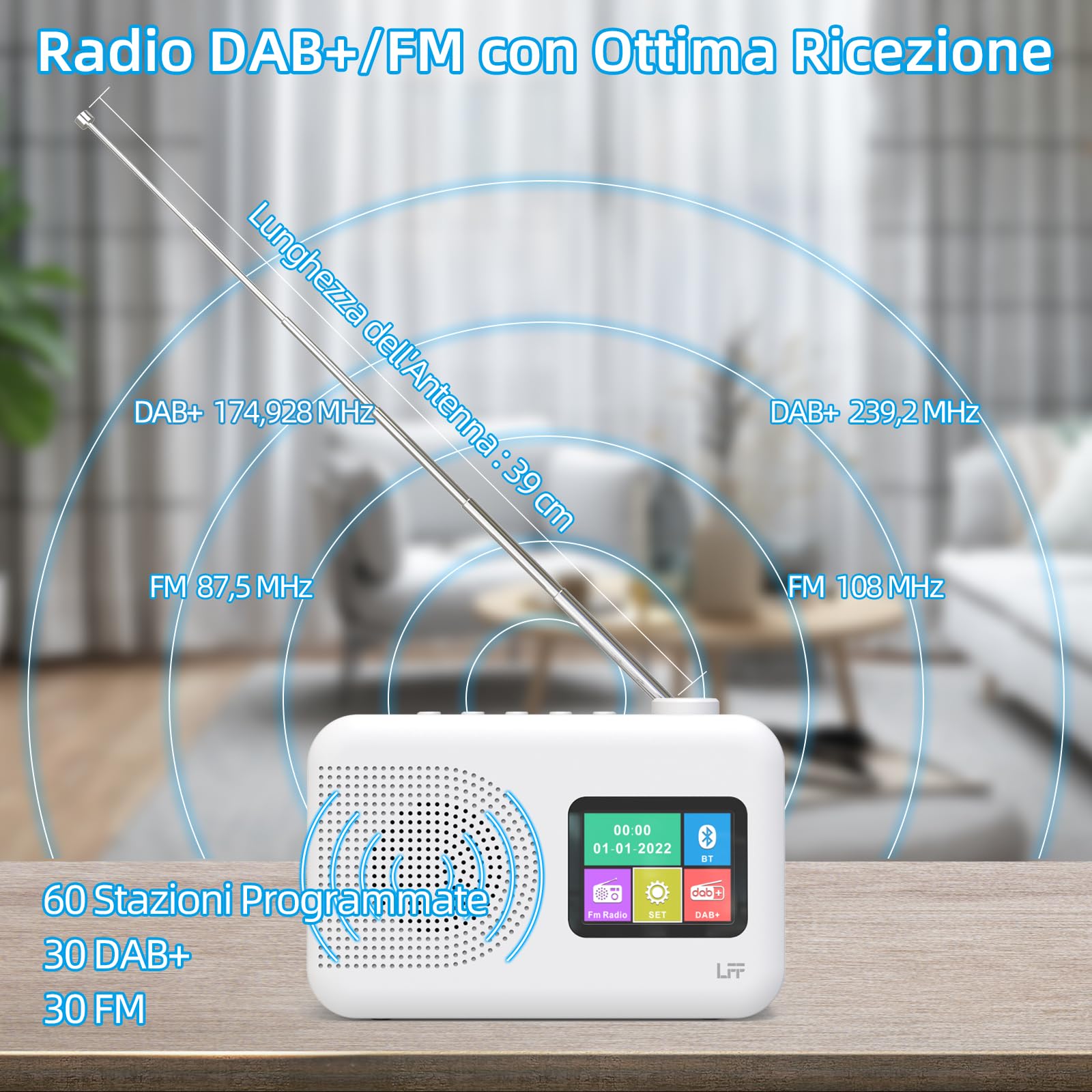 LFF DAB Radio, DAB Plus, radio digitale FM, radio da cucina con cavo o funzionamento a batteria, display a colori radio con Bluetooth