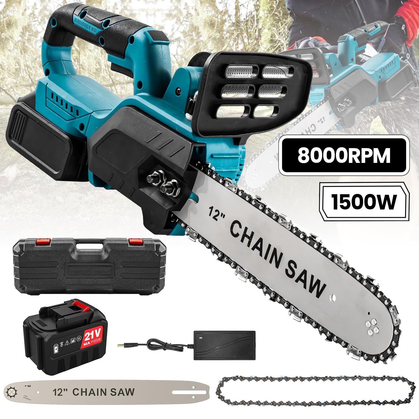 Tronçonneuse sans fil 12 pouces, tronçonneuse électrique 1 500 W, batterie 18 V, livrée avec 2 batteries, moteur sans balais haute performance, adaptée à l'abattage d'arbres et à l'élagage