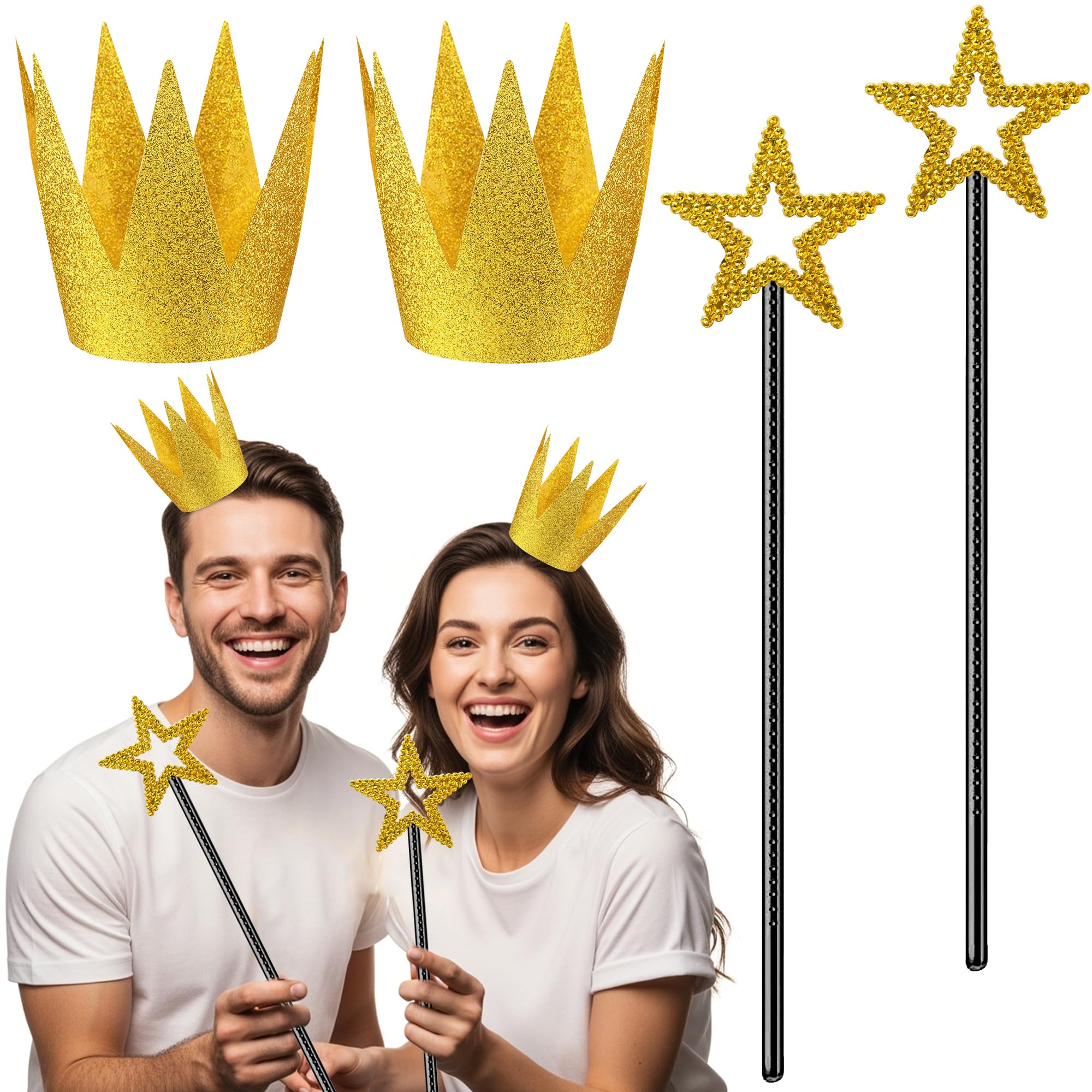 Gold Star Wand and Crown - Paper Gold Crowns Hats Angel Princess Fairy Costume for Wedding Party Cosplay Birthday Halloween Dress up Accessories