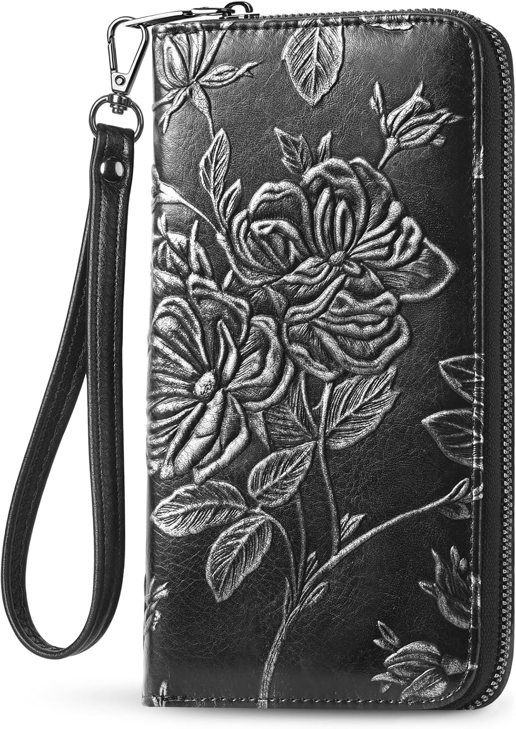 Wallet Women RFID Credit Card Holder Embossed Vegan Leather Large Capacity Black Wristlet Wallets for Women
