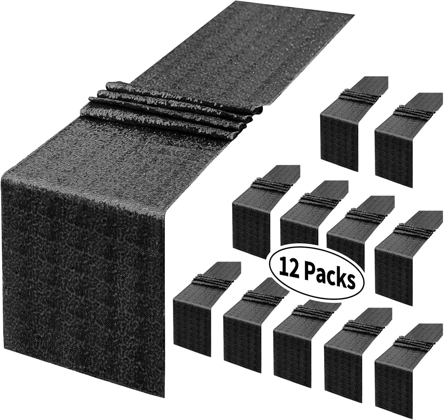 YUHX 12 Pack Black Sequin Table Runner, 12" x 72" Glitter Sparkle Black Table Runner
