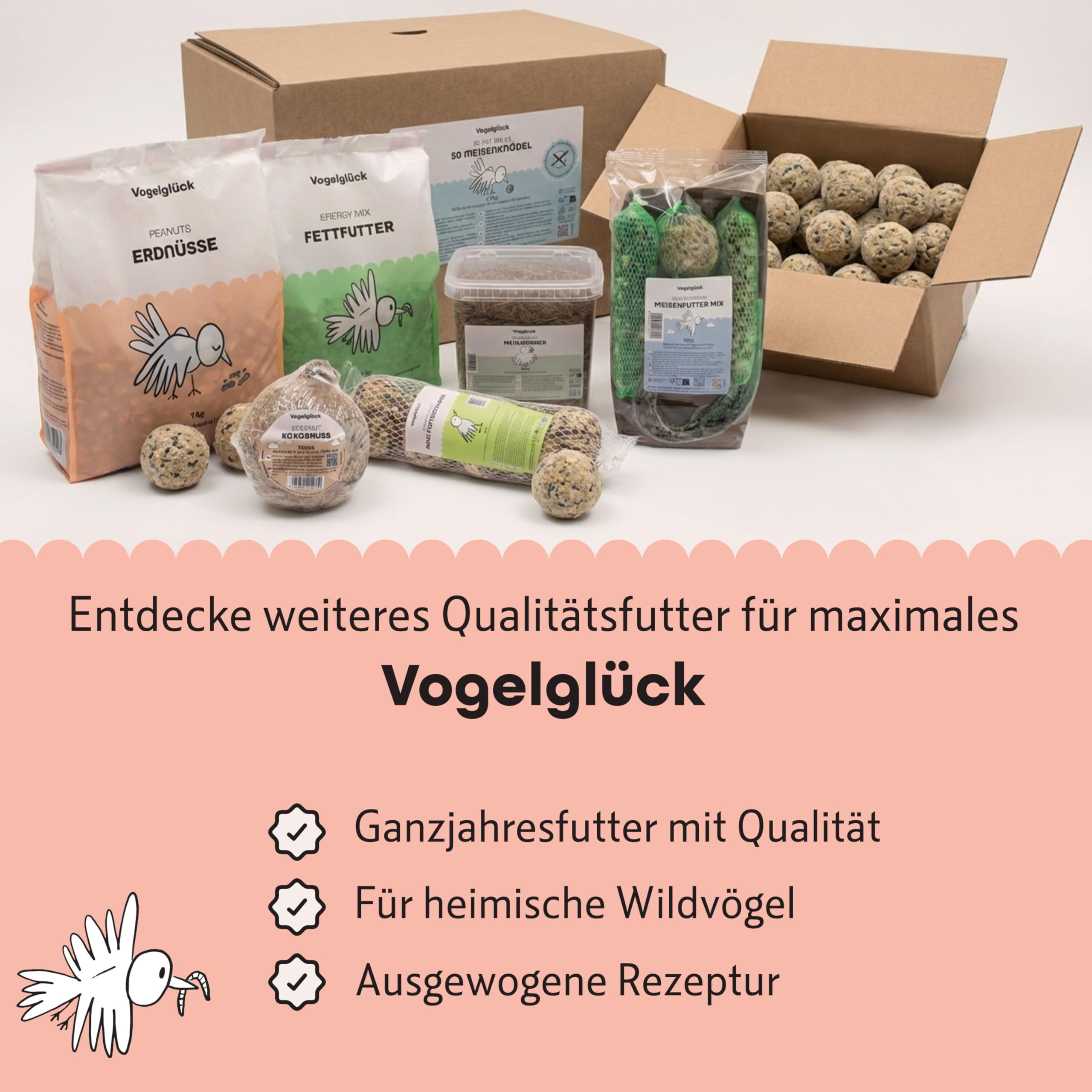 Vogelglück Erdnusskerne Vogelfutter 20 kg geschält – energiereich, schalenfrei, gereinigt und Sortiert – Erdnüsse für Nussspender, Silo, Futtertisch und Bodenfütterung, geeignet für Wildvögel