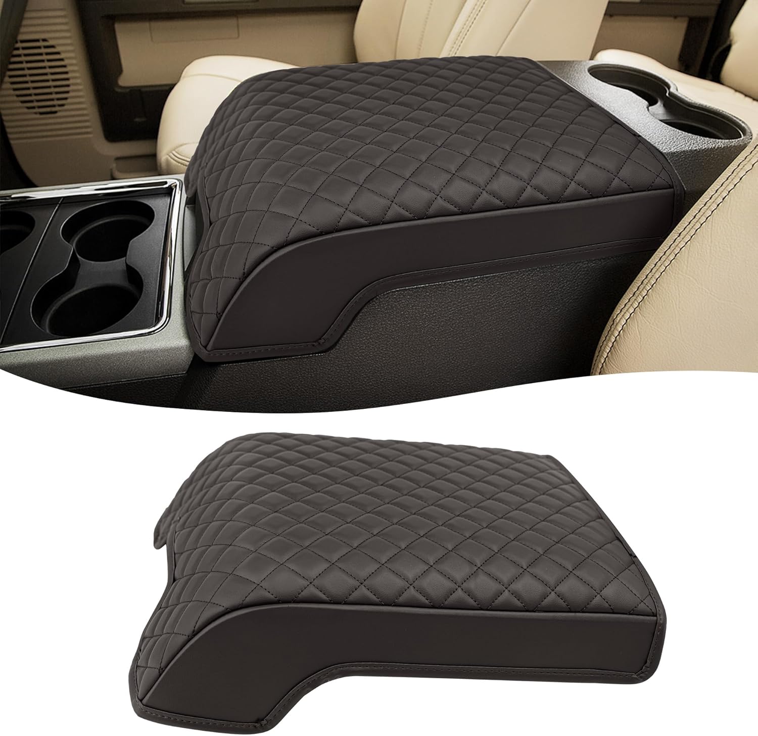 KBH Center Console Armrest Cover for Ford F250 - F550 2011 2012 2013 2014 2015 2016, Vinyl Leather, Middle Console Arm Elbow Rest Cushion Pad, Anti-Scratch, Brown (Fits Bucket Seat Console Only)