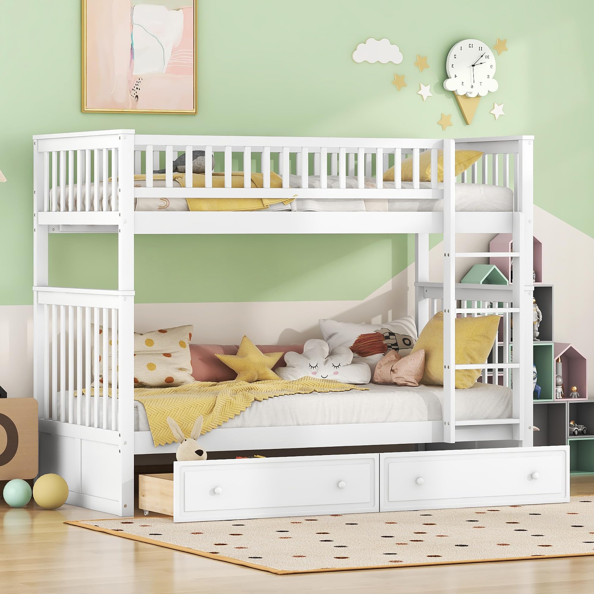 Kehun Kinderbett Etagenbett 90x200 für 2 Kinder, Hochbett Holzbett mit Stauraum Schubladen und rausfallschutz, Cabrio Funktionelle Bett mit lattenrost und Leiter, Jugendbett, Weiß, ohne Matratze