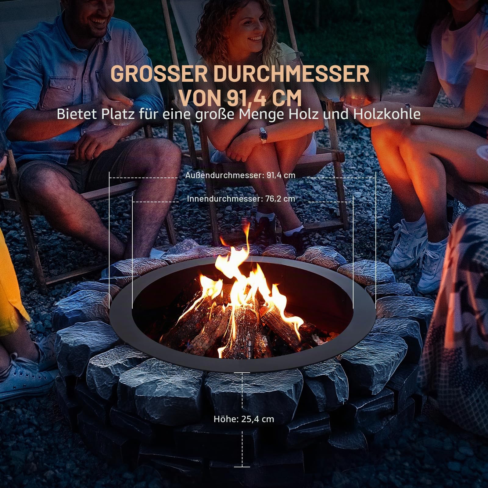 VEVOR Feuerstellenring, 91,4 cm Außendurchmesser/76,2 cm Innendurchmesser, 25,4 cm Höhe, 2,5 mm Dicker Feuerstelleneinsatz, robuste Auskleidung aus Karbonstahl, DIY-Lagerfeuerring über oder im Boden