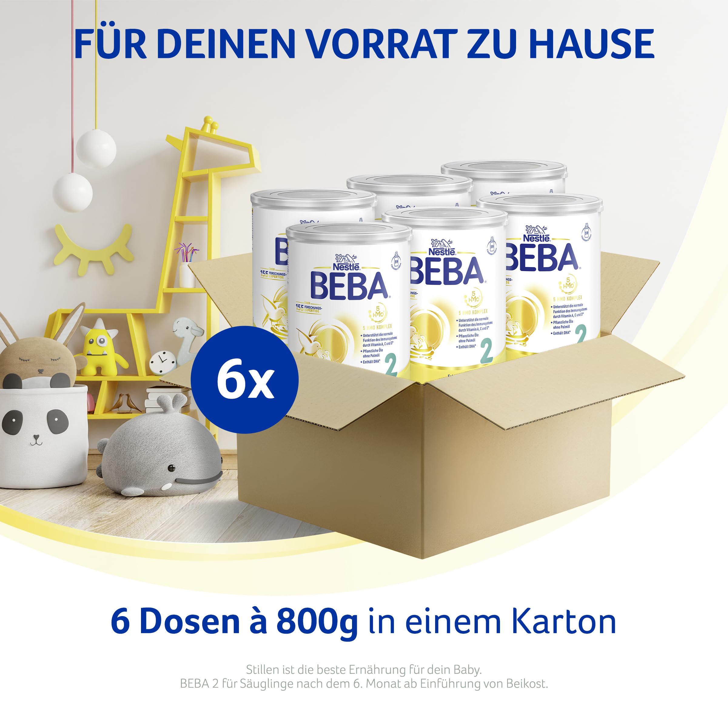 BEBA 2 - Folgemilch nach dem 6. Monat, Mit 5 HMO Komplex, Altersgerecht angepasster Proteingehalt, Nur Laktose, Ohne Palmöl, Ohne Fischöl, Babynahrung, Baby-Milchpulver, 6er Pack (6 x 800g)