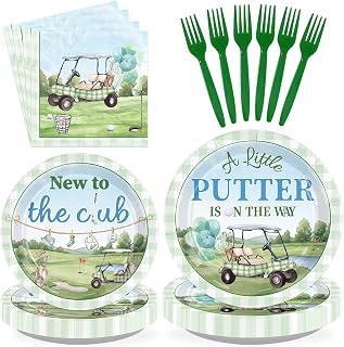 96Pcs Golf Baby Shower Party Decorations for Boys Girls Serves 24 | A Little Putter Is On The Way Plates and Napkins New to the Club Tableware Set for Baby Shower Gender Reveal Party Supplies