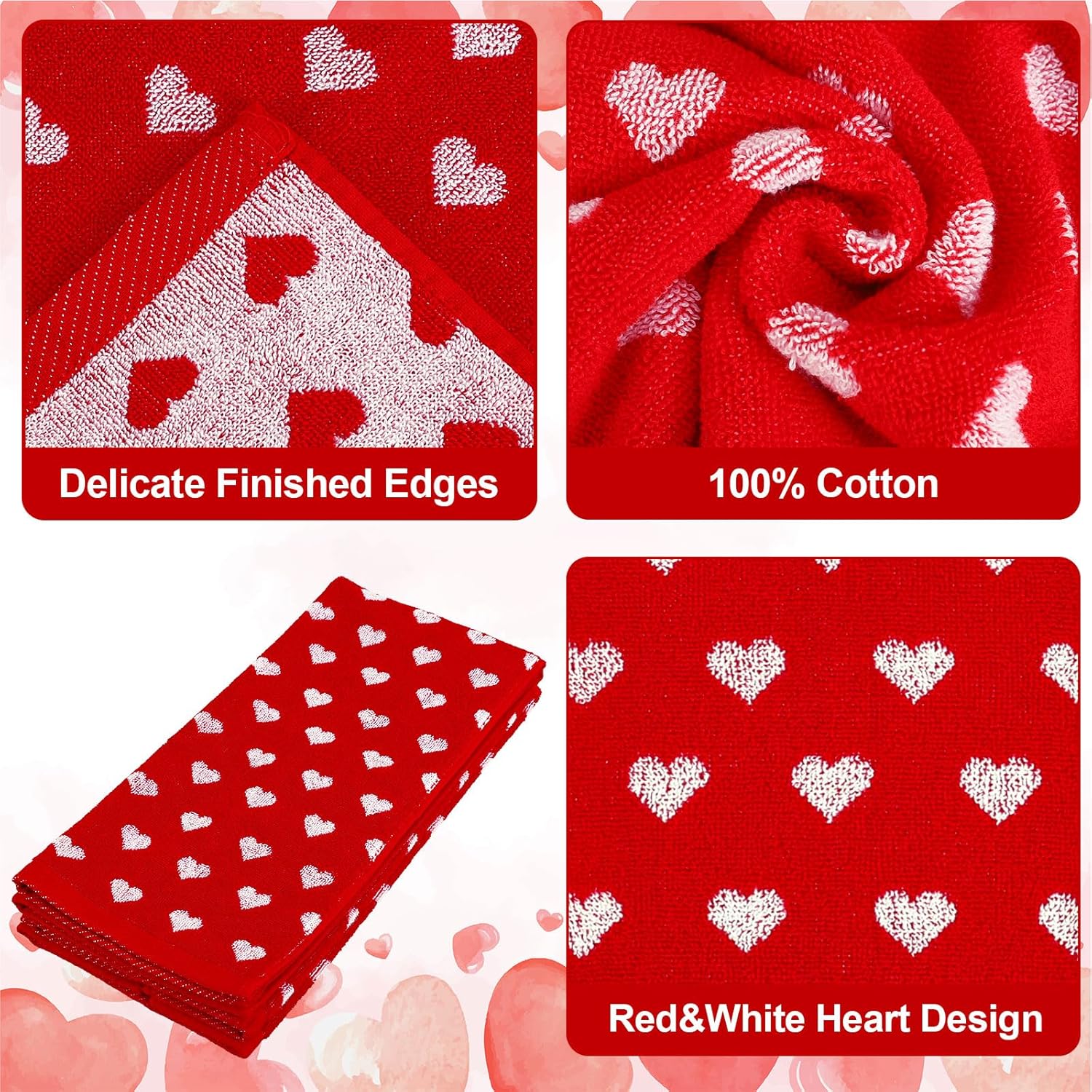 Whaline Valentine's Day Hand Towels Cotton Bathroom Towel Red White Heart Decorative Absorbent Bath Towel for Kitchen Dish Drying Cleaning Cooking, 29.5 x 13.4 Inch, 2Pcs - Image 3