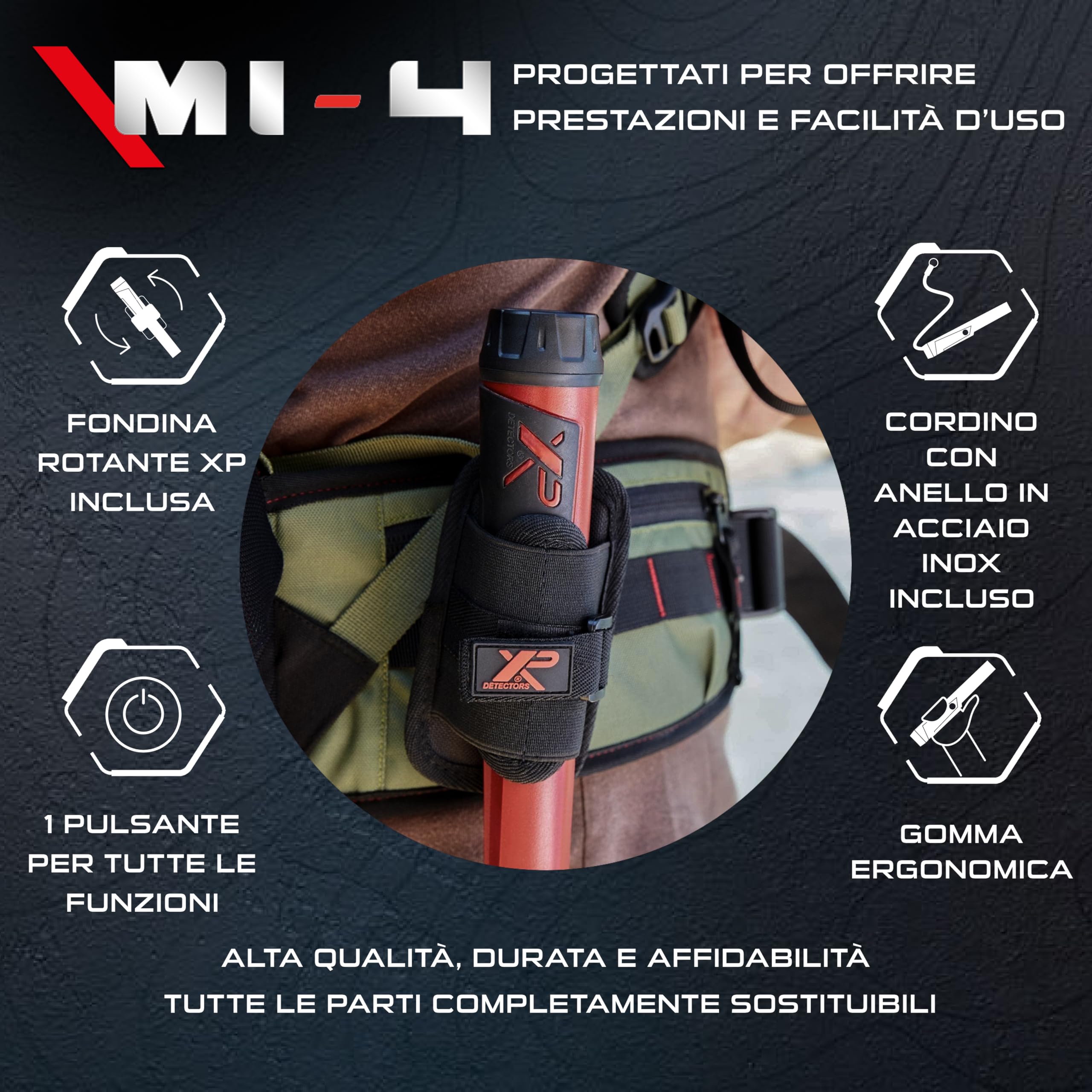 XP Metal Detectors MI-4 Pinpointer, progettato da XP Metal Detectors per essere utilizzato da tutti i detectoristi, impermeabile fino a 20 piedi (MI-4) con 6 programmi e 3 livelli di sensibilità.