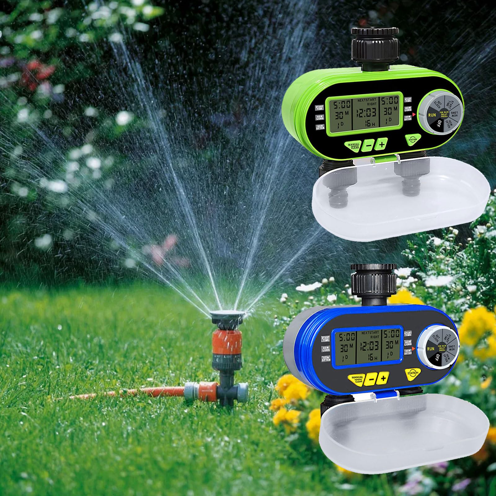 Timer di irrigazione automatico per fiori, con display LCD e impostazioni di irrigazione personalizzabili, efficiente dispositivo di irrigazione a due sezioni per giardini domestici