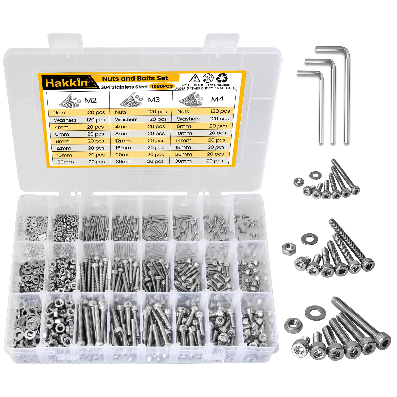 Hakkin Nuts and Bolts 1080Pcs M2 M3 M4 Hex Socket Head Cap Screws 304 Stainless Steel Nut Assortment Hex Socket Machine Screws socket Bolts Nuts and Washers Assortment Kit