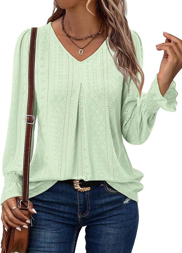 KISSMODA Long Sleeve Fall Shirts For Women V Neck Tunic Tops Embroidered Button Down Knitted Blouses 2025