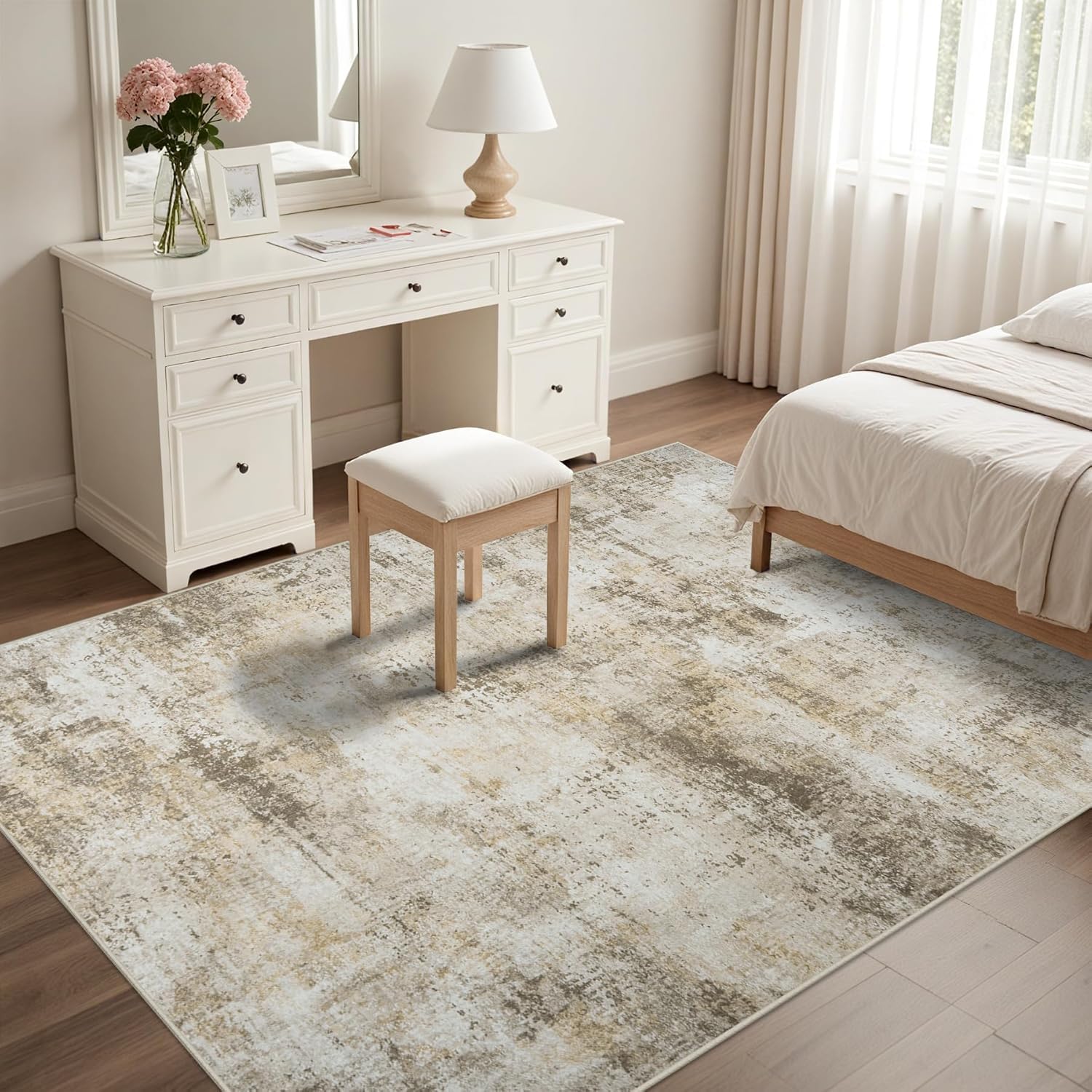 Tapis de zone salon à poils ras facile à nettoyer pour décor moderne beige vintage