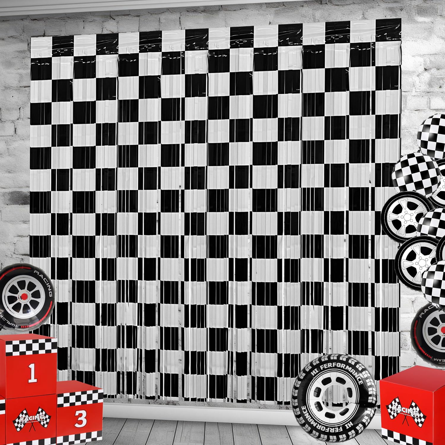 2 Pack Race Car Backdrops Birthday Party Decorations, 3.28 x 6.56 ft Black White Foil Fringe Curtains Photo Booth Props for Race Car Fast Wheels Lightning One Happy Dude Party Decorations