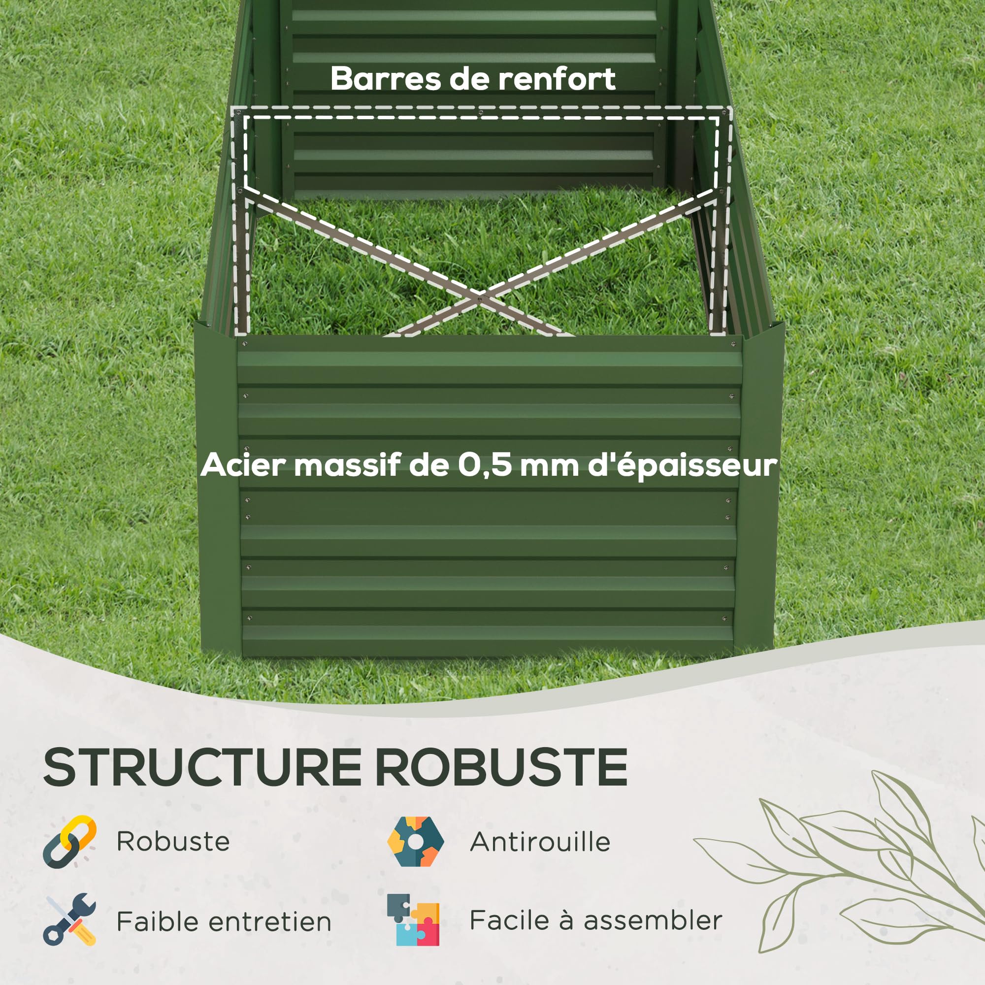 Outsunny Carré Potager de Jardin rectangulaire Tubes de renforcement Acier galvanisé 180 x 90 x 59 cm Vert