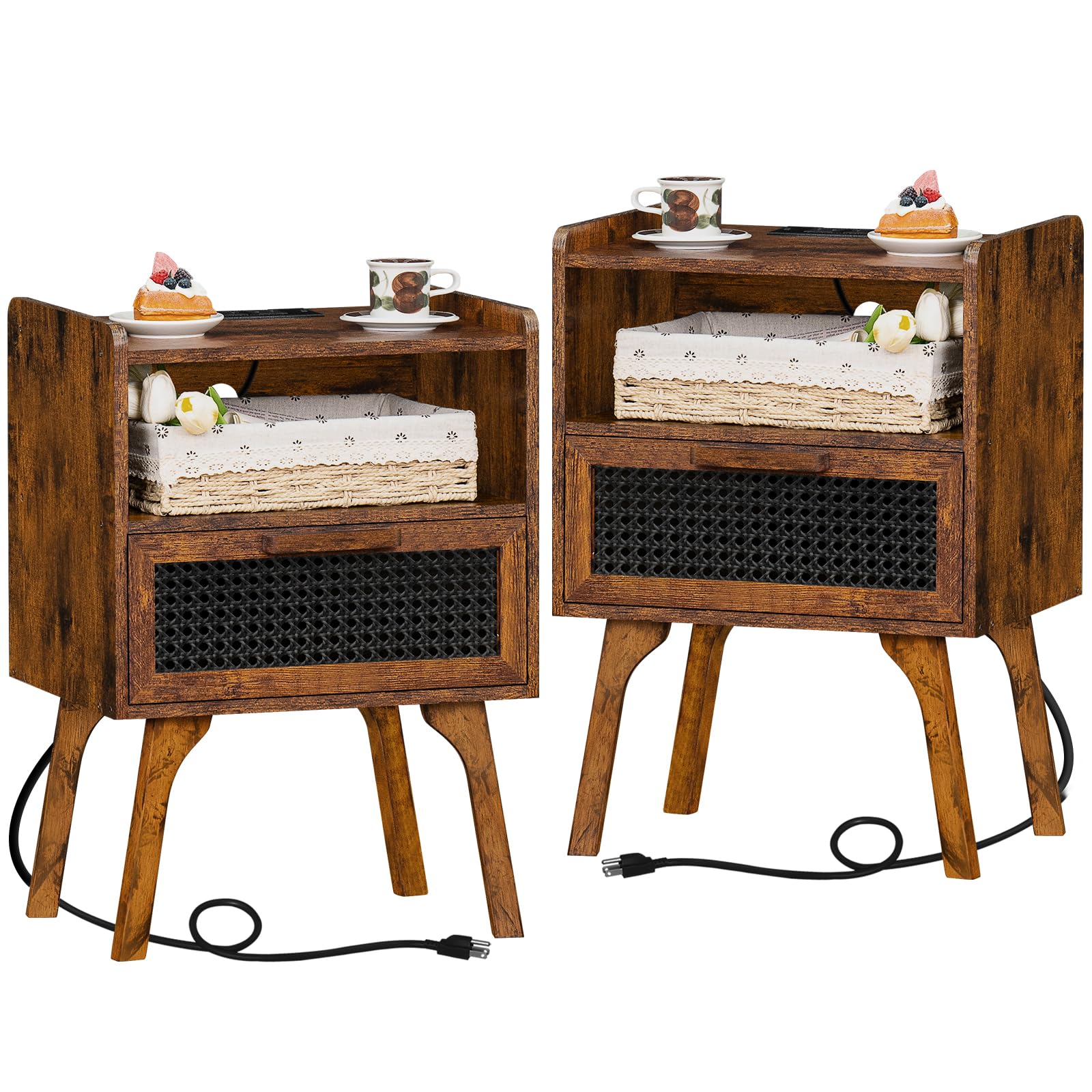 Lerliuo Rattan Nightstands Set of 2 with Charging Station, Boho Side Table with Drawer Open Shelf, Cane Accent Bedside End Table with Solid Wood Legs for Bedroom, Dorm and Small Spaces (Brown)