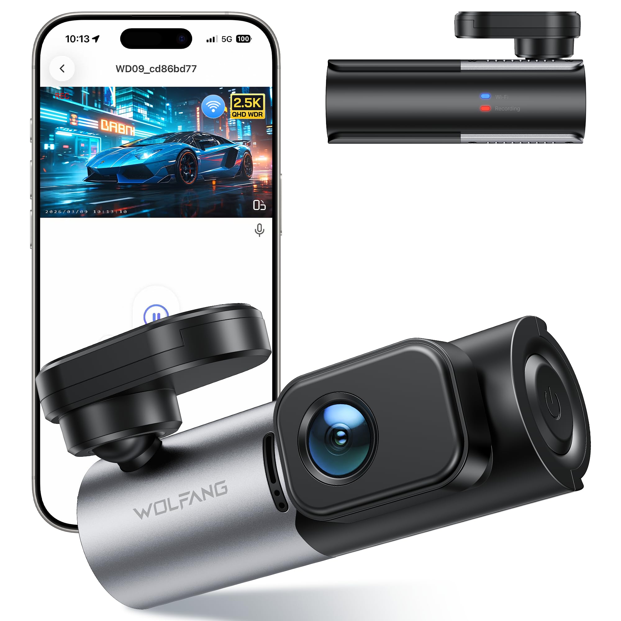 WOLFANG 2.5K Dashcam Voiture, 1440P WiFi Caméra Voiture avec App Contrôle, Mini Dash Cam Avant avec Grand Angle 170°, G-Capteur, Mode Stationnement 24H, Vision Nocturne, Enregistrement en Boucle
