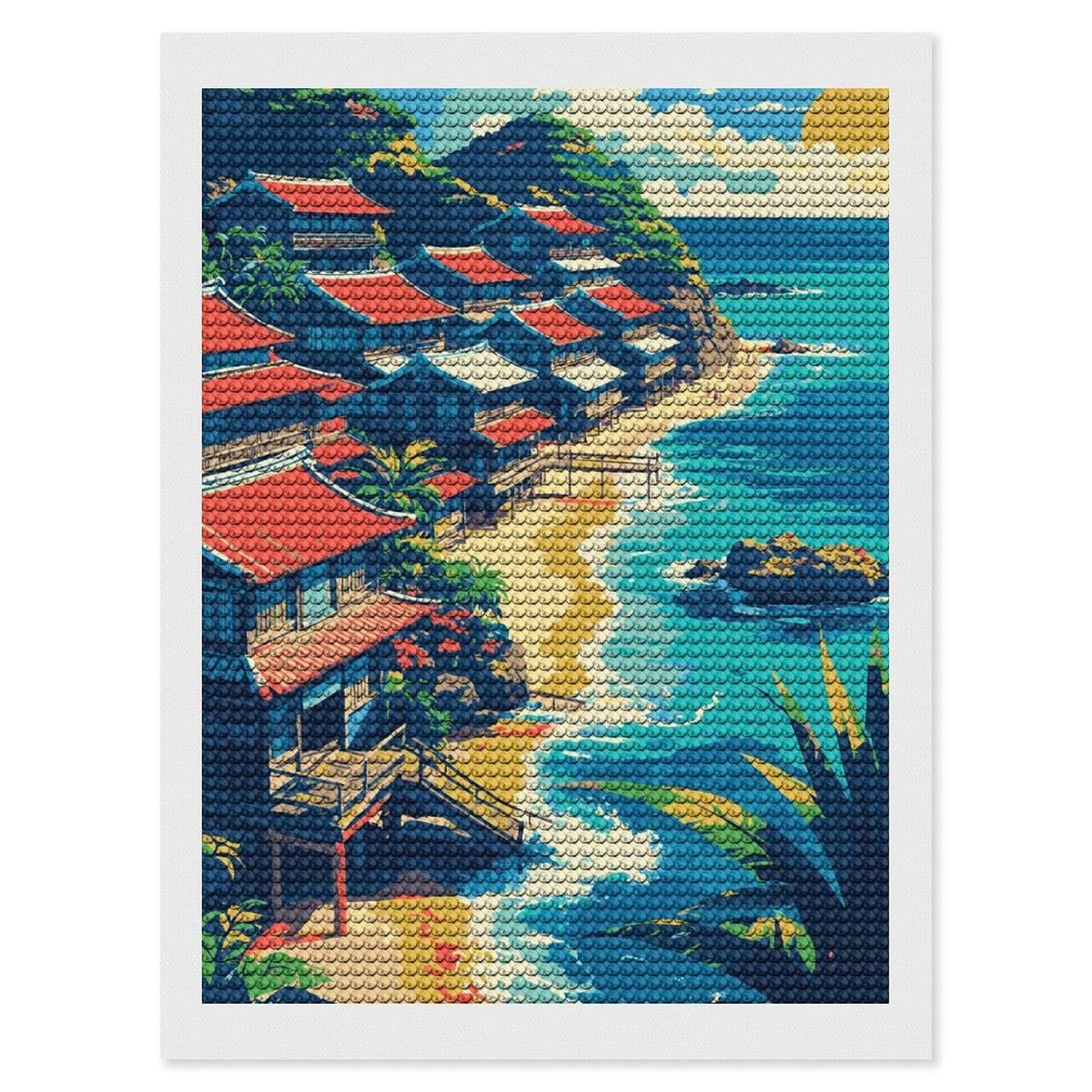 Junmoney Coastal Village with Red-Roofed Houses Diamond Painting Canvas Set 12"x16", Boho Decor, for Craft Lovers, Easy Handmade Project, Holiday Gift Idea
