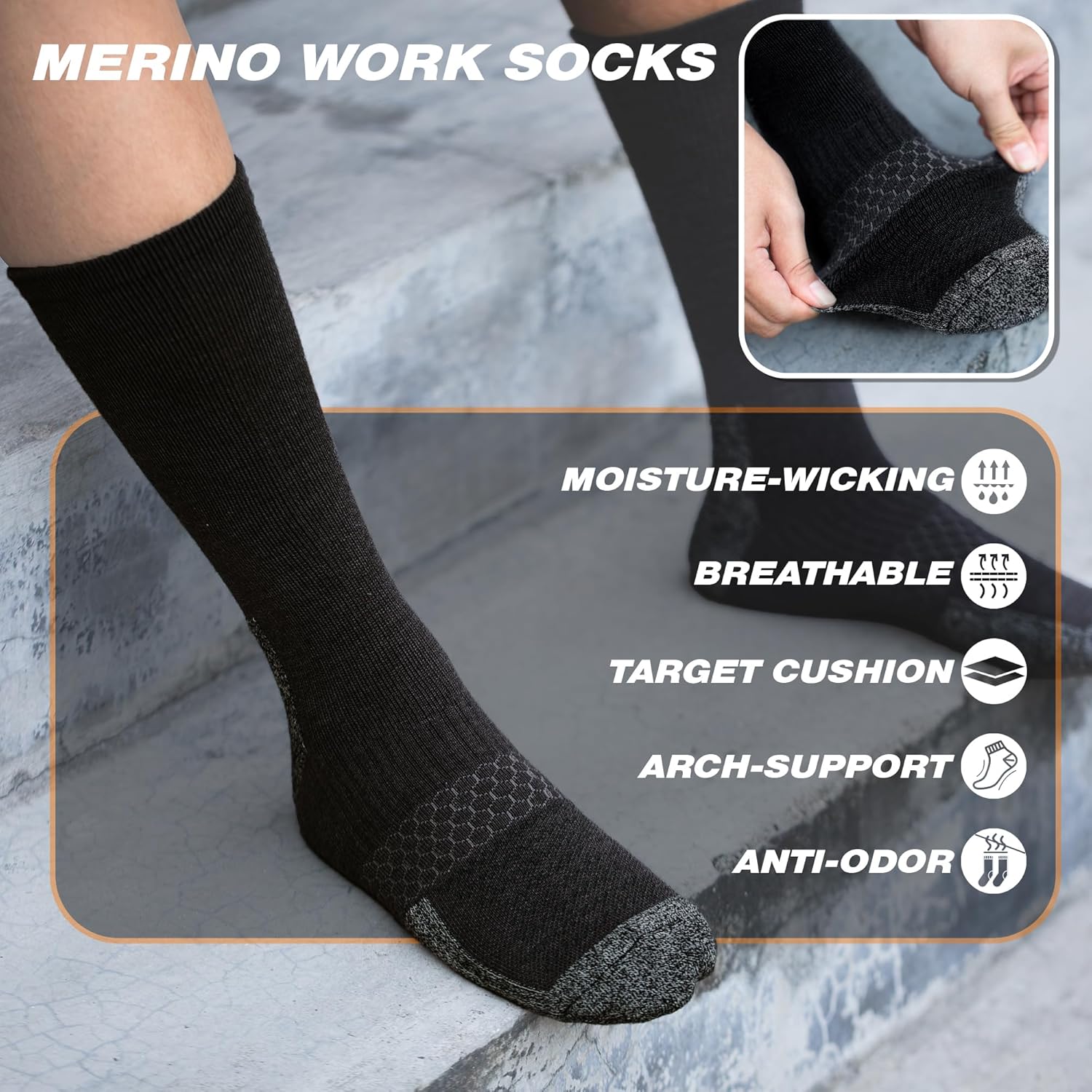 Rahhint Merino Wool Work Boot Socks 3 Pairs Durable Compression Moisture Wicking Anti Blister Cushion Hiking Running Socks - Image 4