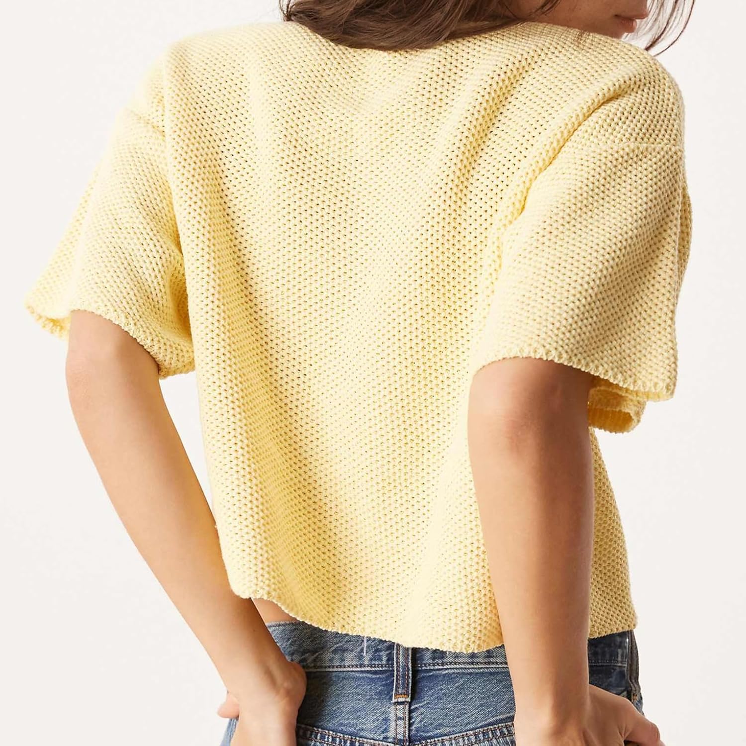 Ainangua Womens Casual Cardigan Summer Short Sleeve Crew Neck Button Down Knit Sweater Tops Lightweight Travel Outfits(Yellow,L) - Image 2